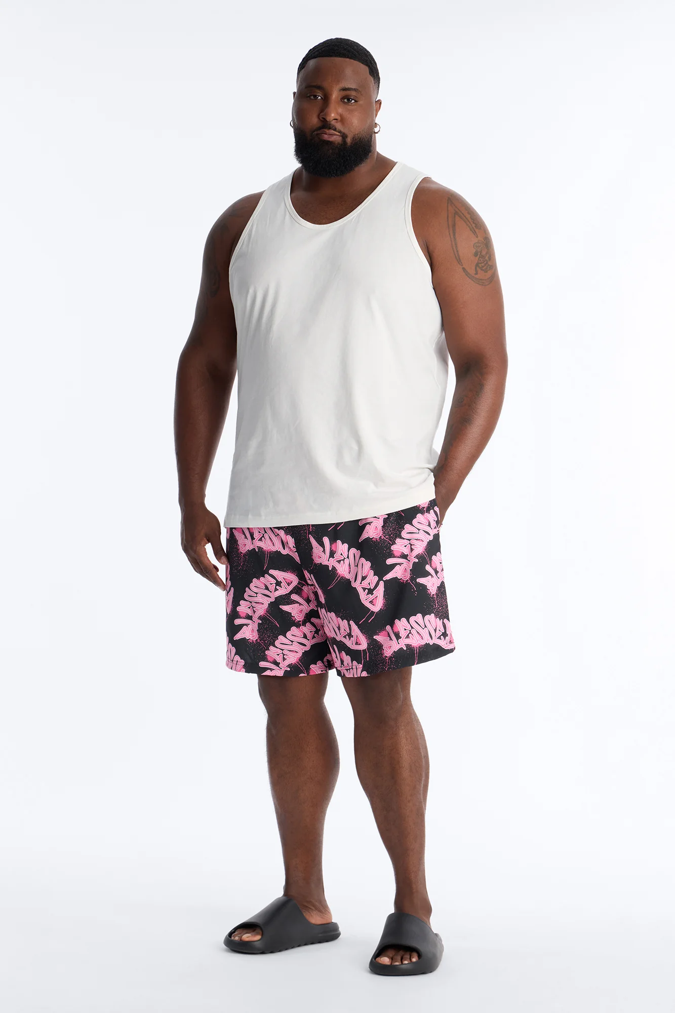 Blessed Street Graffiti Printed Swim Trunk 7″ - Black/Pink - Image 7