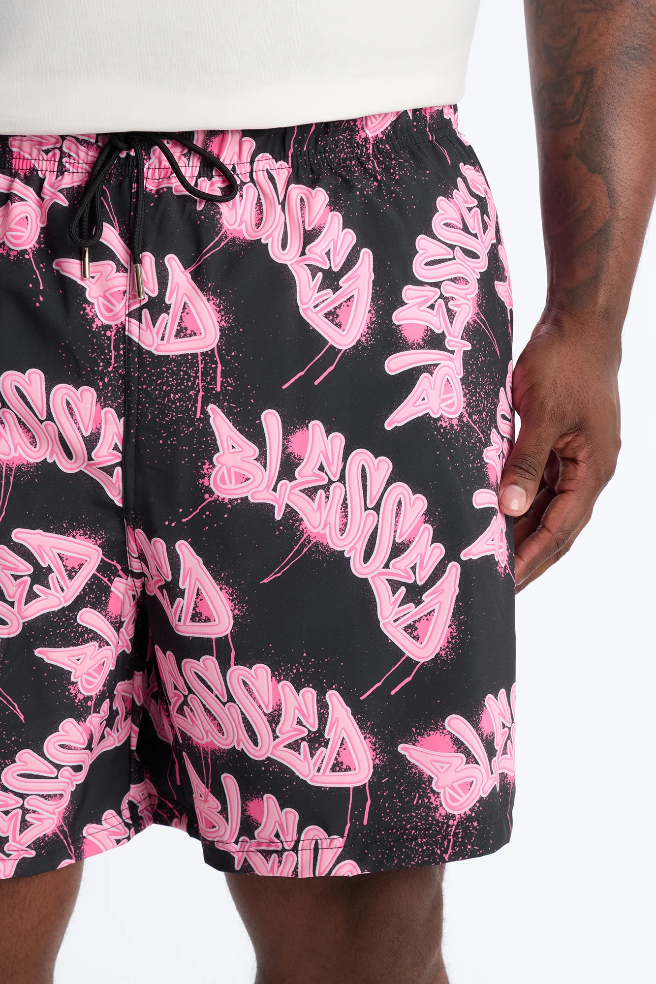 Blessed Street Graffiti Printed Swim Trunk 7″ - Black/Pink - Image 8