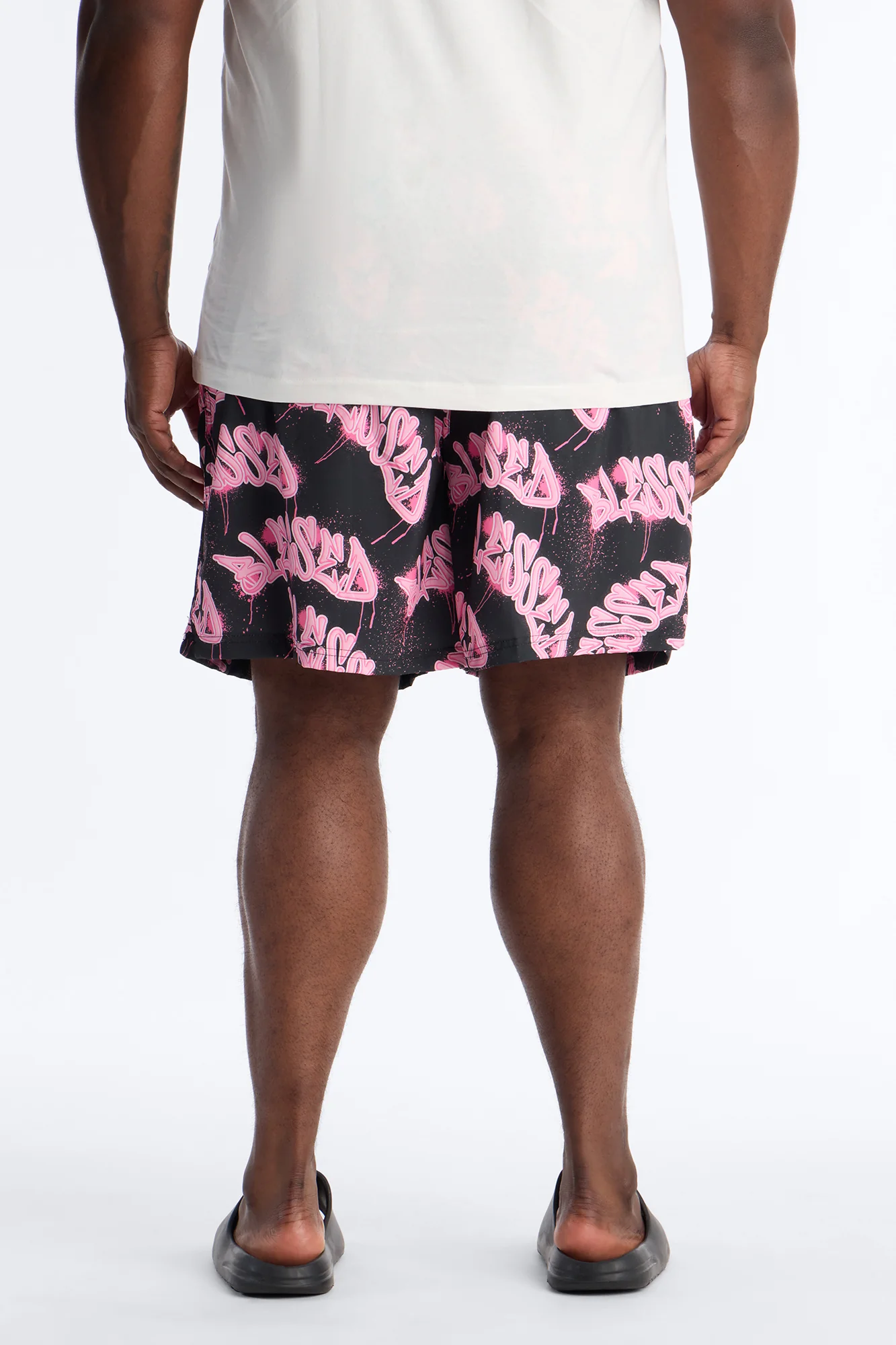 Blessed Street Graffiti Printed Swim Trunk 7″ - Black/Pink - Image 9