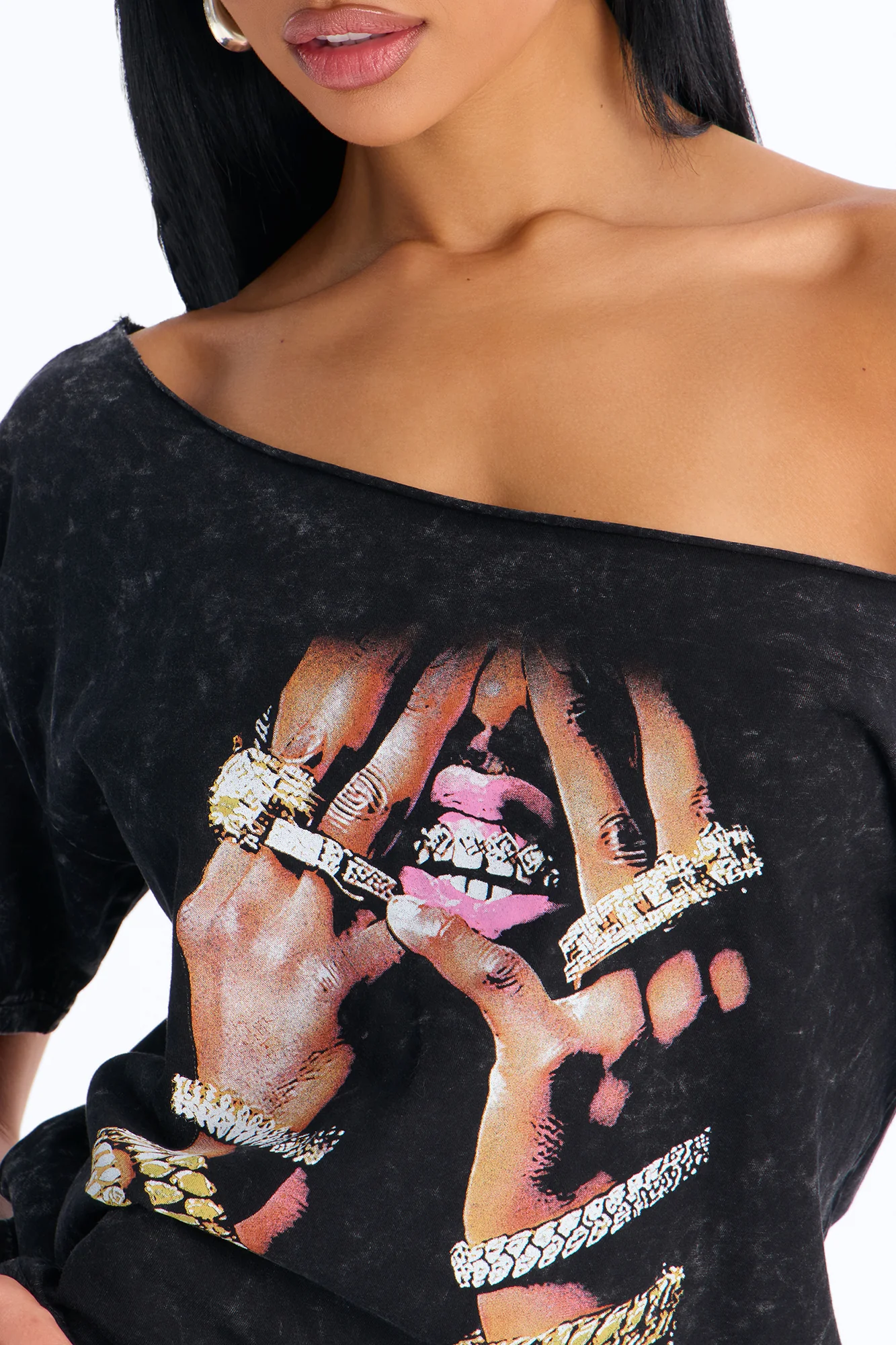 Blinged Out Off Shoulder Washed Tee - Black Wash - Image 3