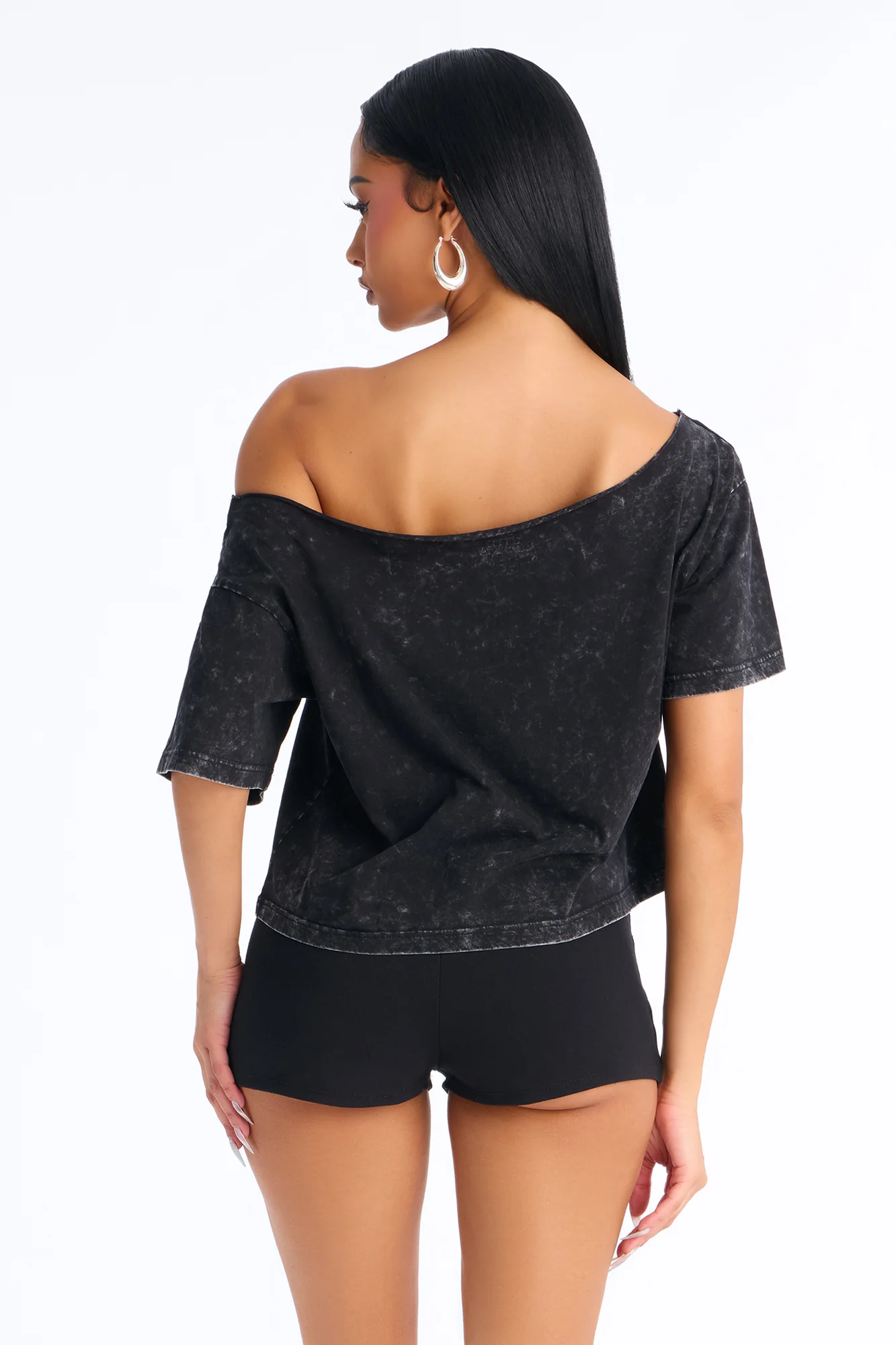 Blinged Out Off Shoulder Washed Tee - Black Wash - Image 4