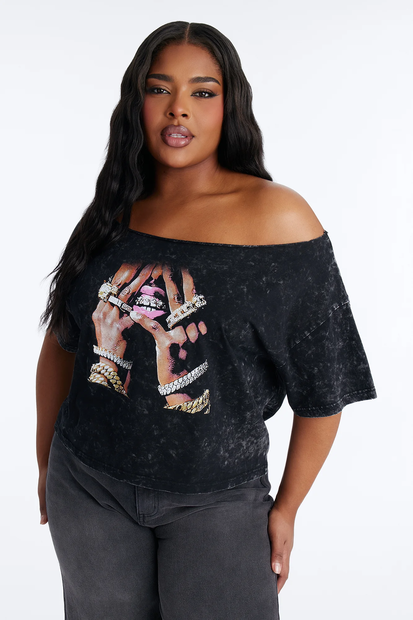 Blinged Out Off Shoulder Washed Tee - Black Wash - Image 5