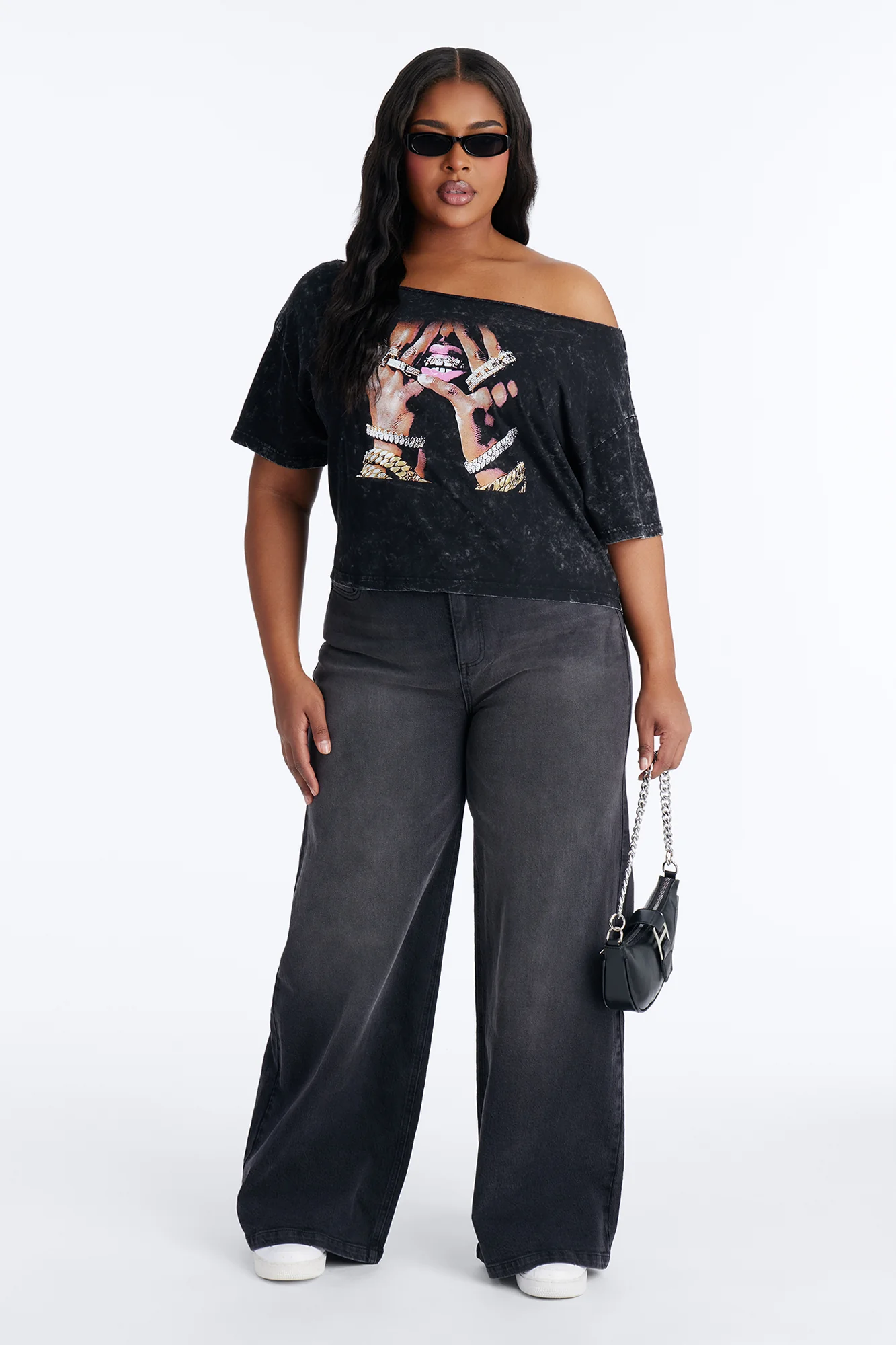 Blinged Out Off Shoulder Washed Tee - Black Wash - Image 6