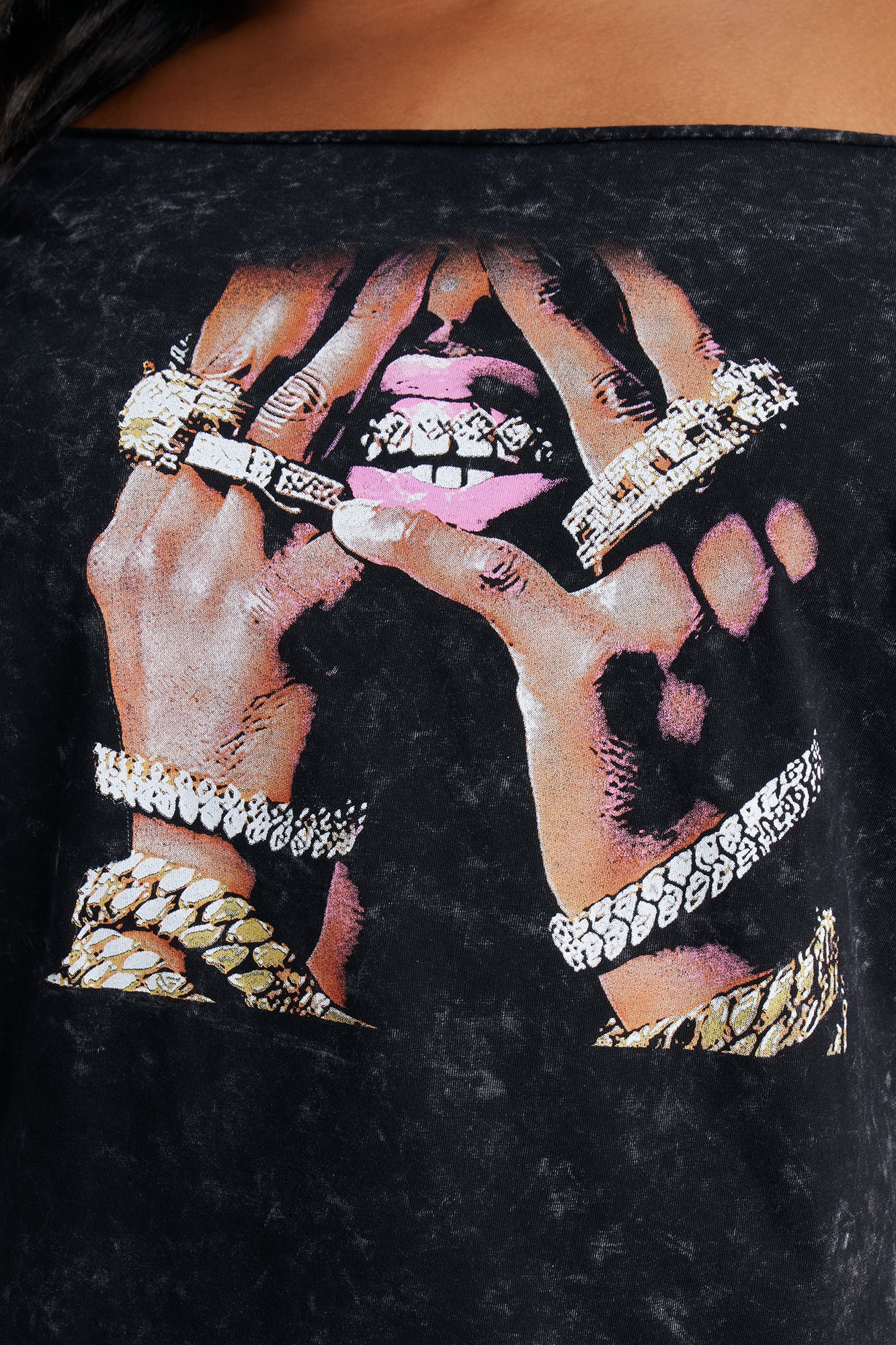 Blinged Out Off Shoulder Washed Tee - Black Wash - Image 7
