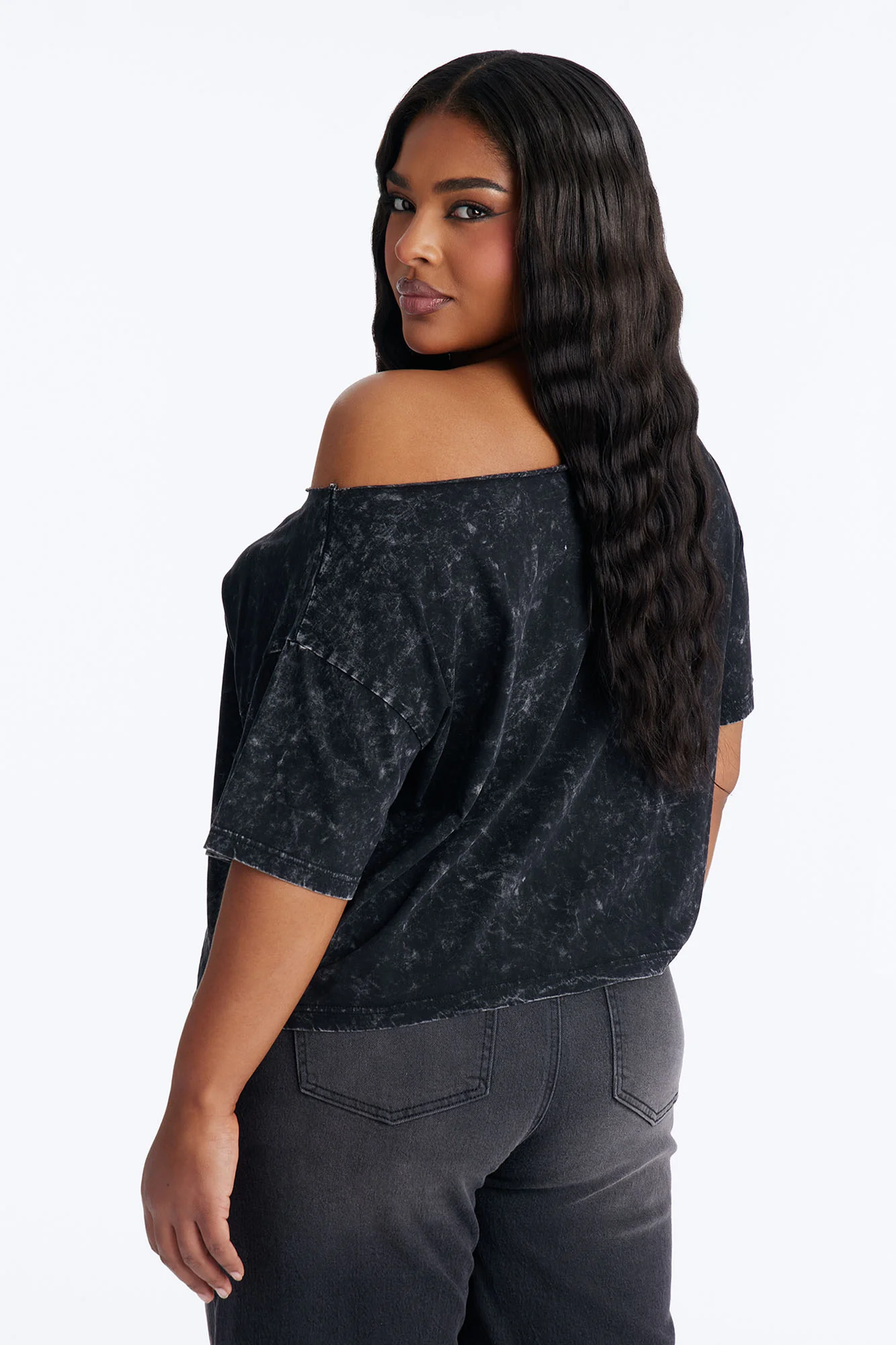 Blinged Out Off Shoulder Washed Tee - Black Wash - Image 8