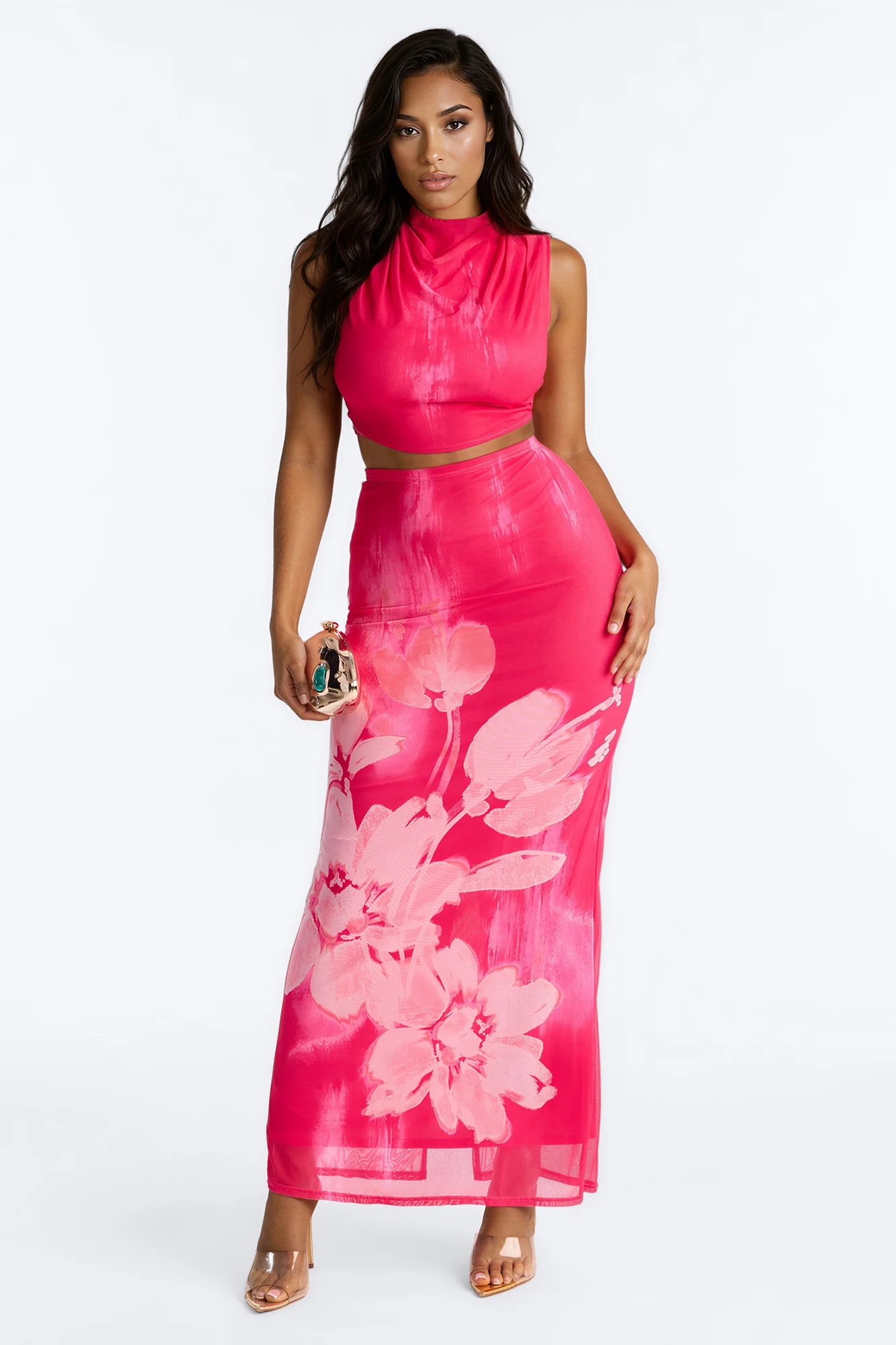 Bloom For You Mesh Skirt Set - Hot Pink