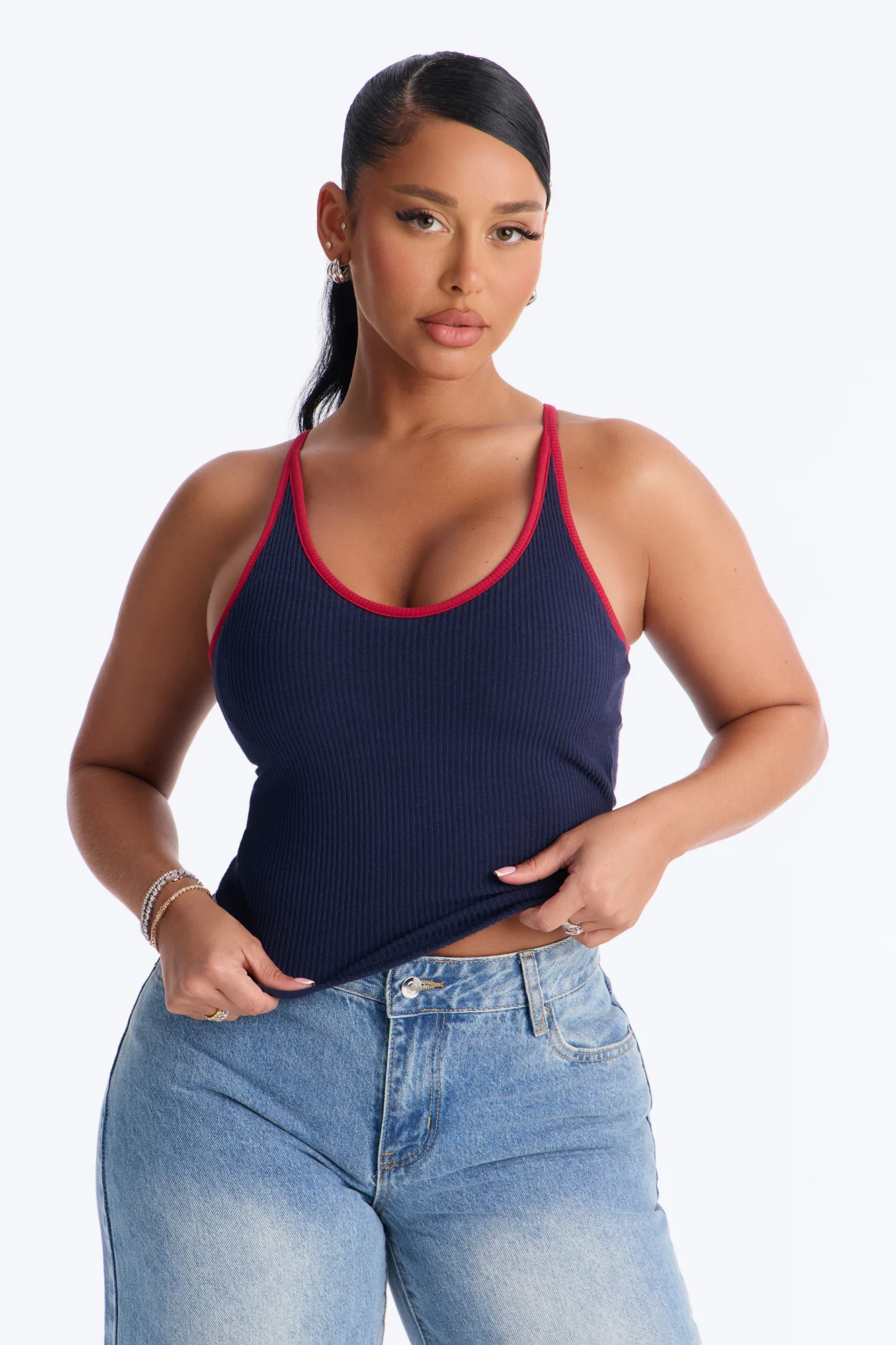 Boat Days Ribbed Padded Scoop Neck Tank Top - Navy/combo