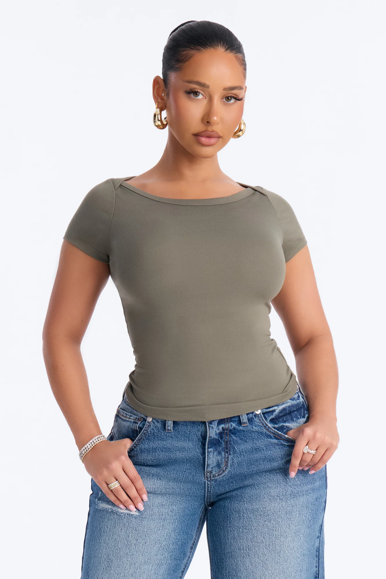 Boat Neck Ribbed T-shirt - Olive