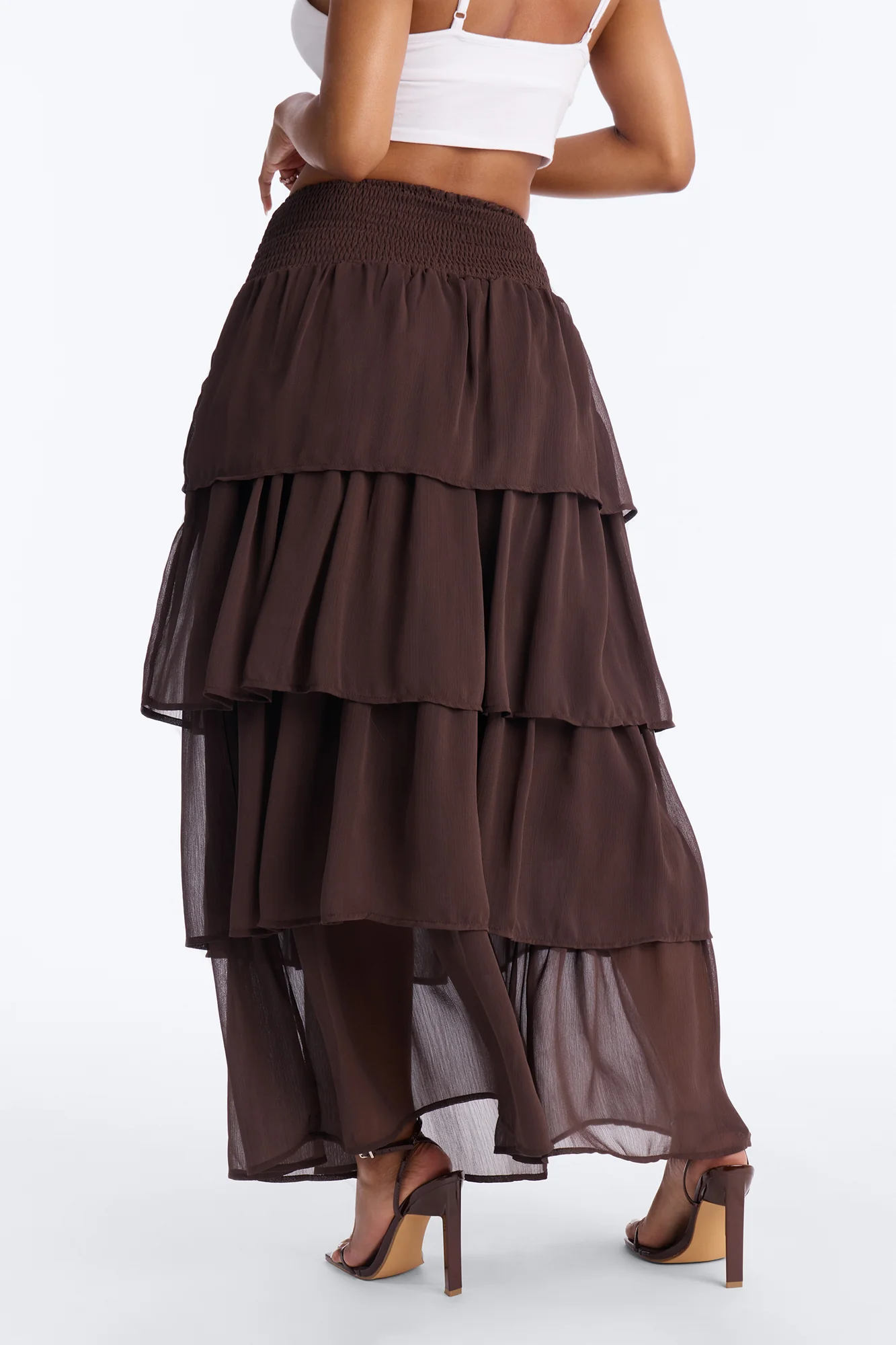 Bohemian Goddess Chiffon Tiered Ruffle Maxi 40″ - Chocolate - Image 4
