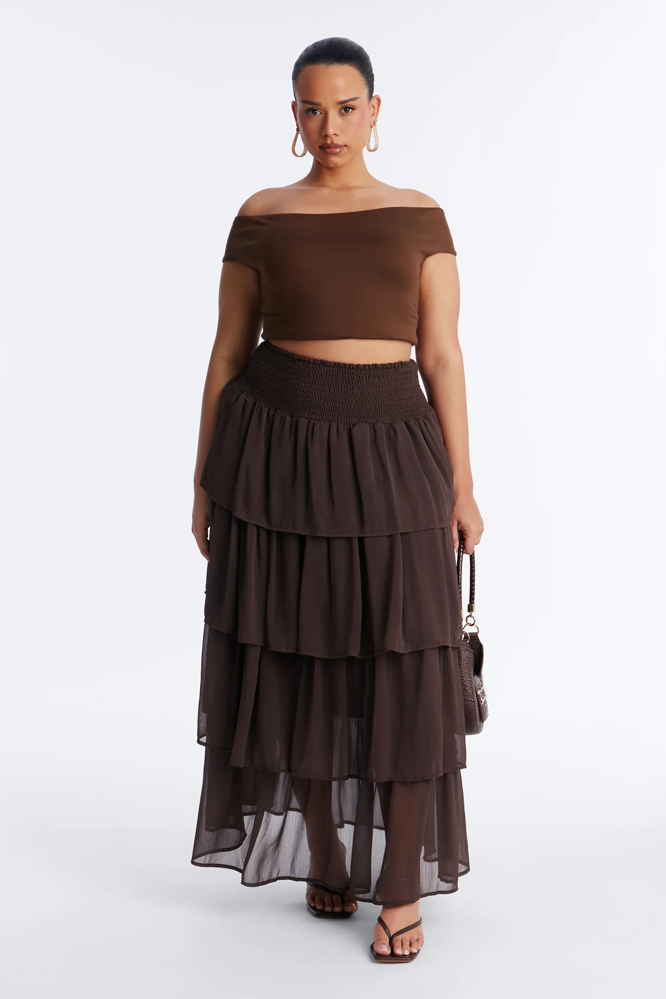 Bohemian Goddess Chiffon Tiered Ruffle Maxi 40″ - Chocolate - Image 5