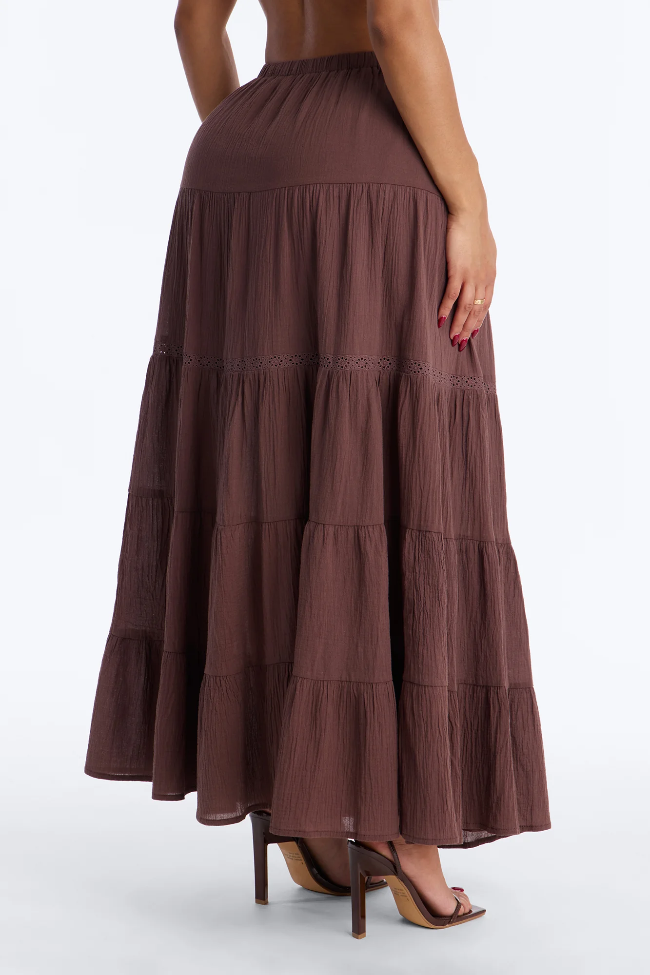 Bohemian High Slit Tiered Gauze Maxi Skirt - Brown - Image 3