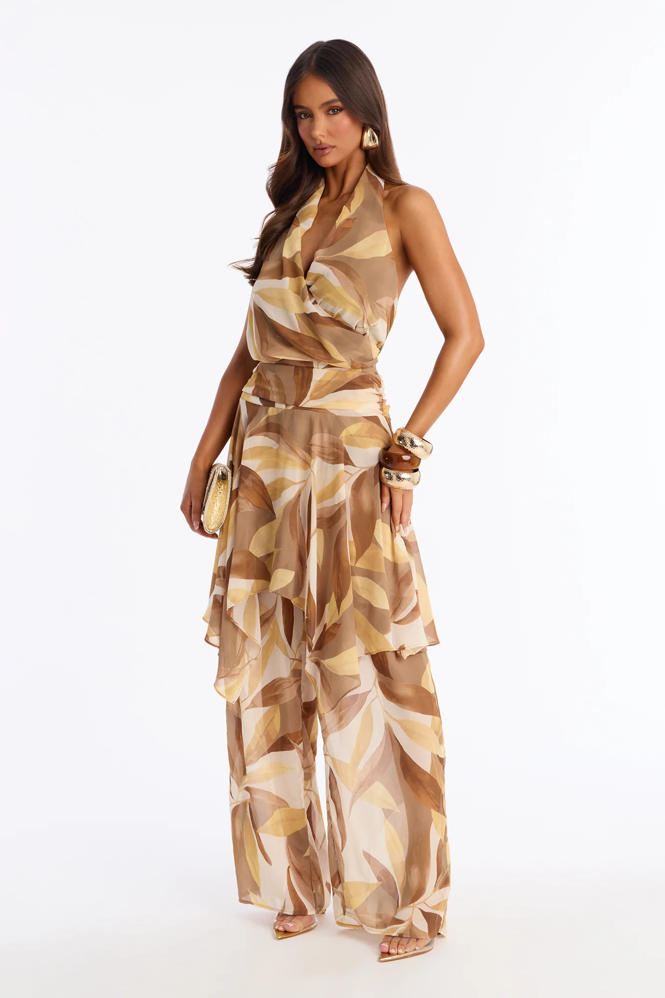 Boho Oasis Halter Abstract Jumpsuit - Khaki