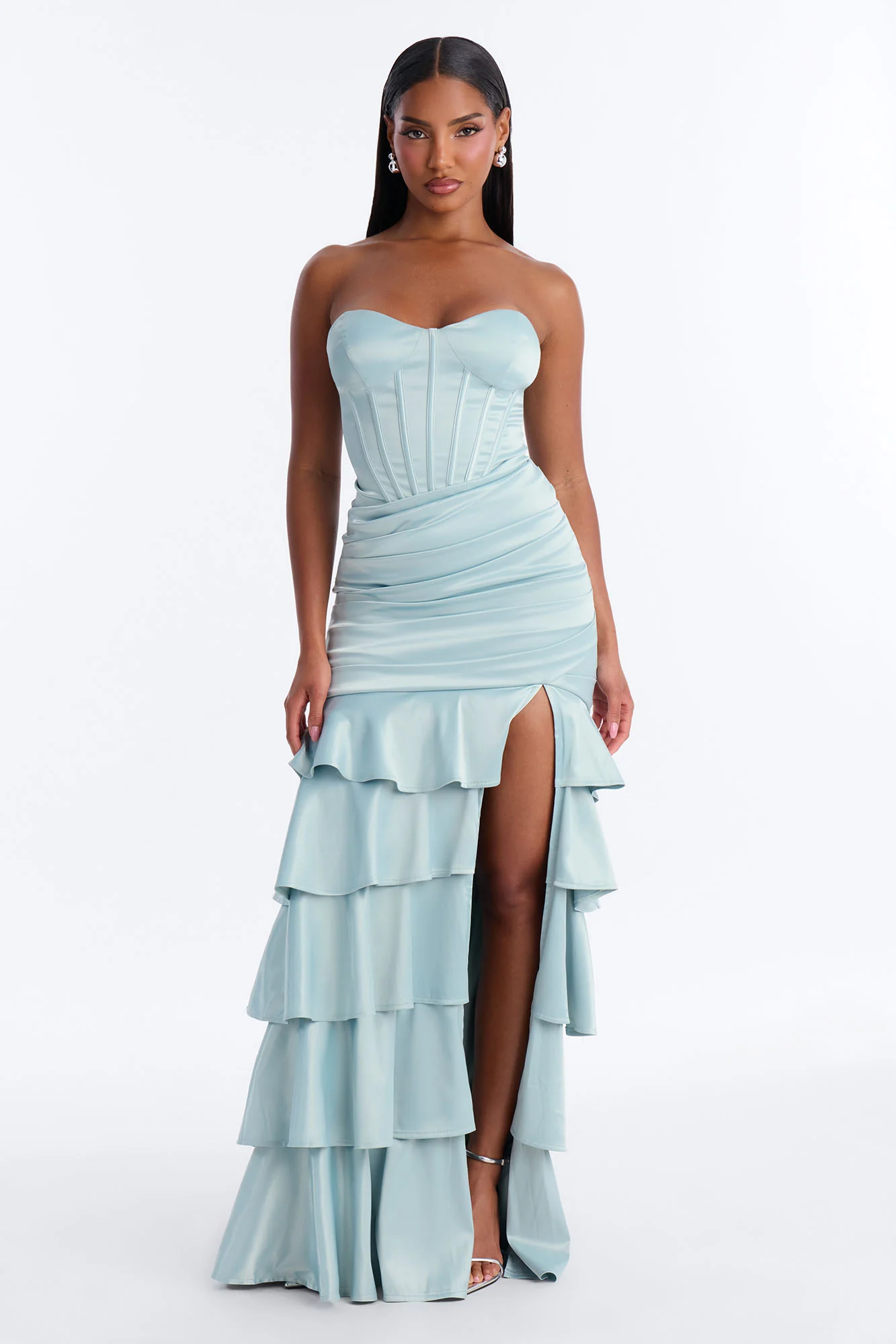 Bold Glamour Ruffle Satin Gown - Sage
