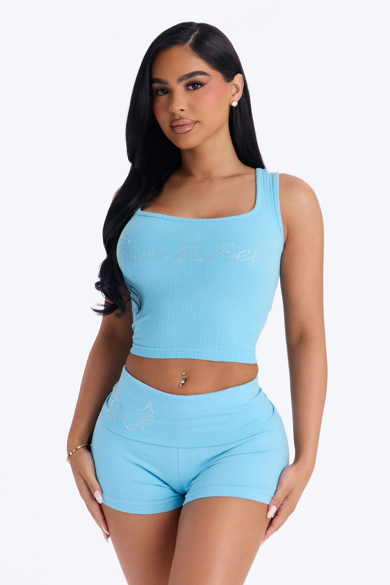 Bombshell Fold Over Waist Short Set - Light Blue - Image 2