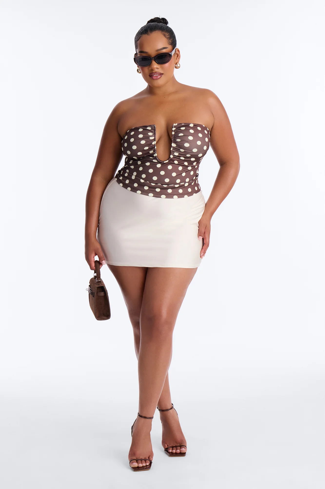 Bonnie Polka Dot Plunge Neck Strapless Top - Brown/combo - Image 5
