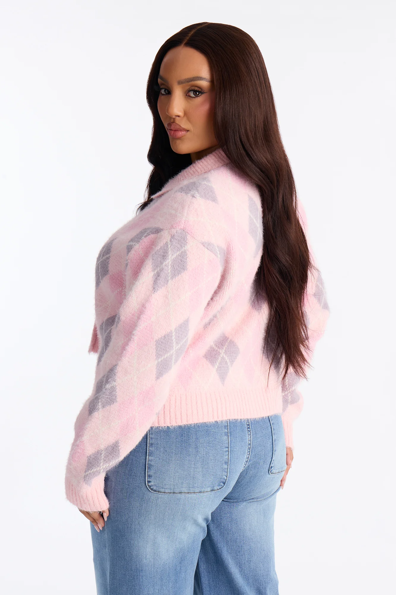 Booked And Busy Collared Argyle Cardigan Sweater - Pink - Image 8