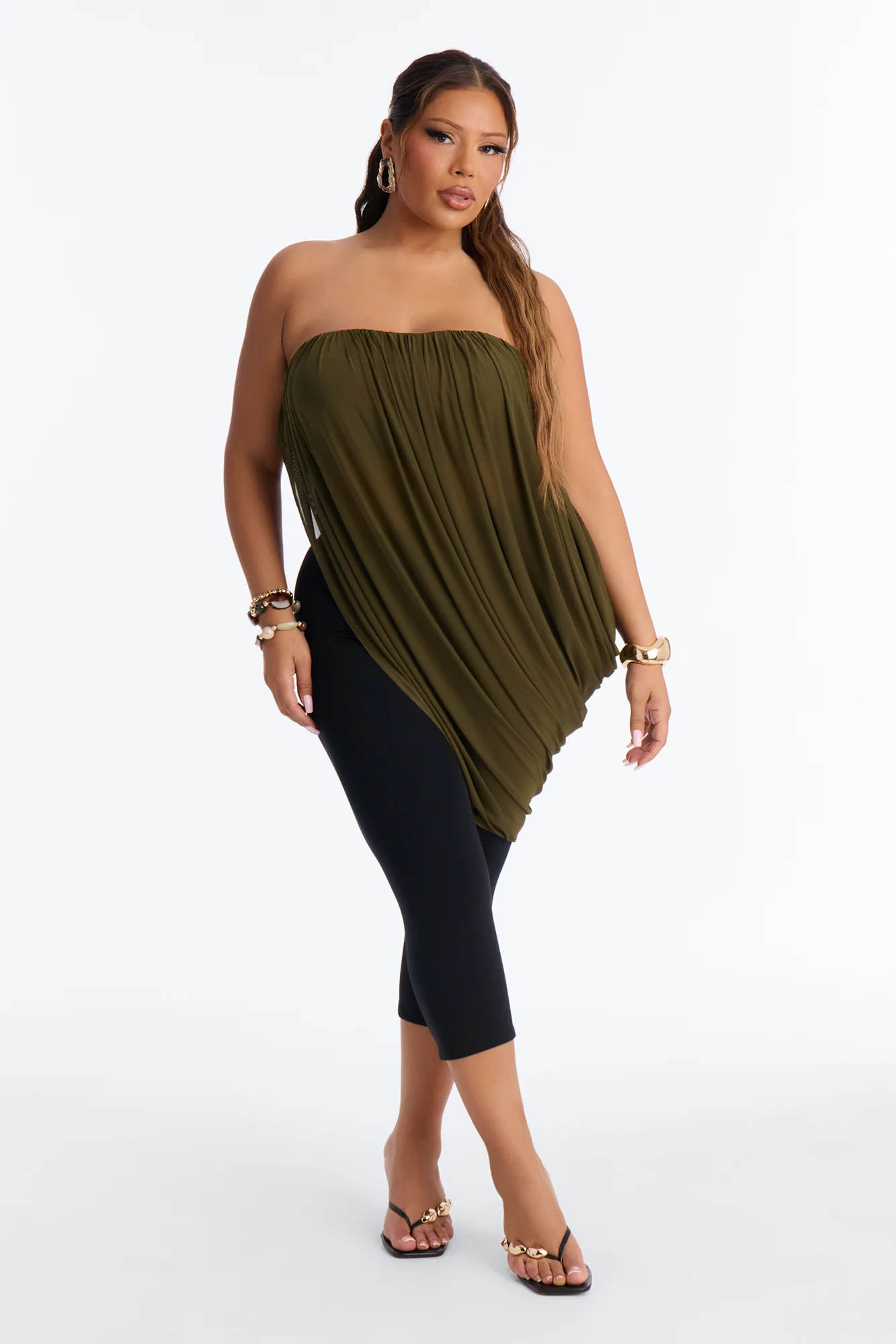 Bora Bora Nights Ruched Asymmetrical Mesh Top - Olive - Image 6