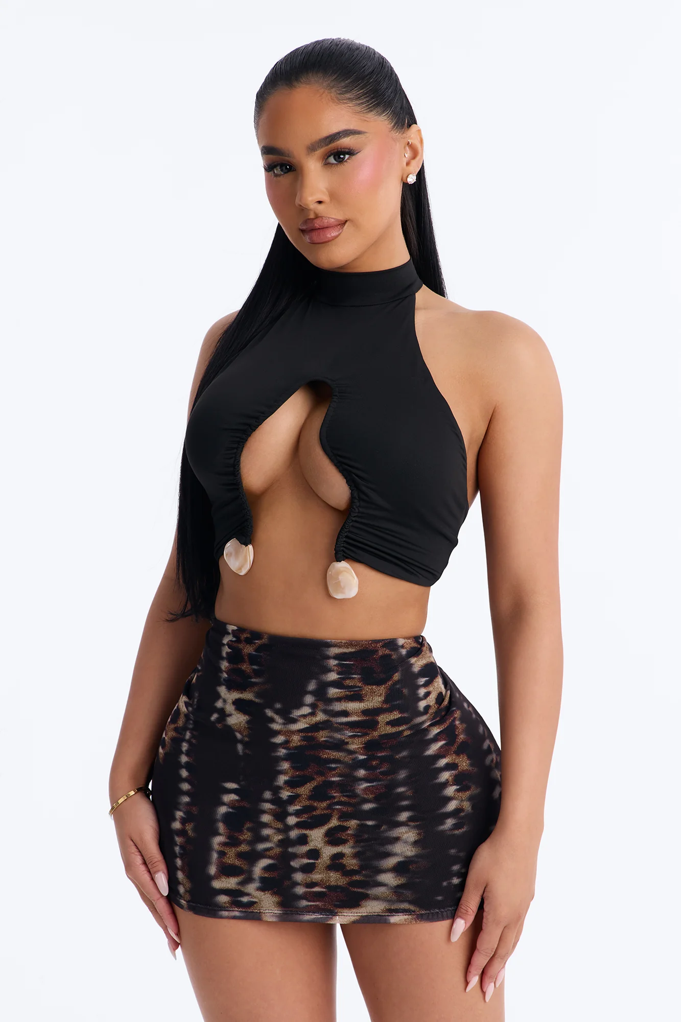 Bora Bora Stone Mock Neck Halter Top - Black