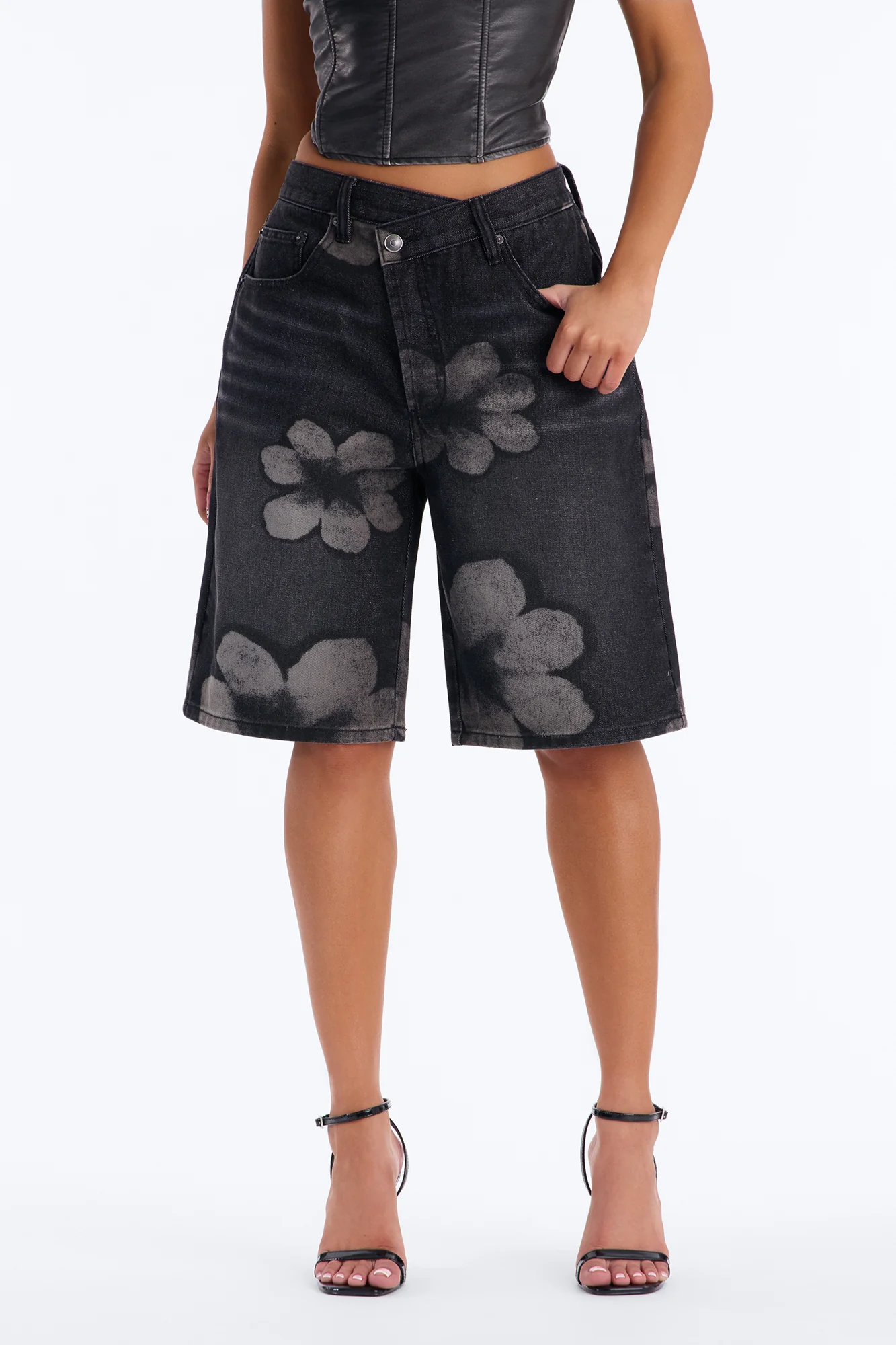 Born To Bloom Crossover Denim Jorts - Black Wash - Image 2