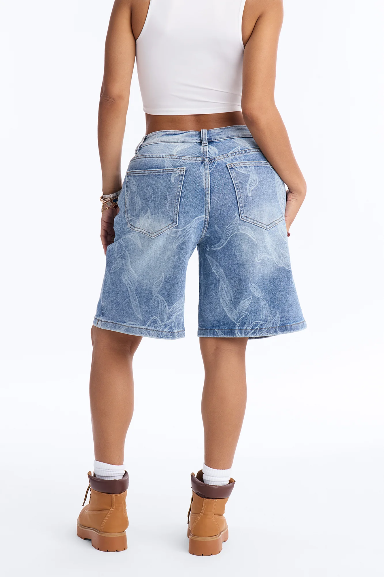 Botanical Blues Printed Denim Jorts - Medium Wash - Image 4