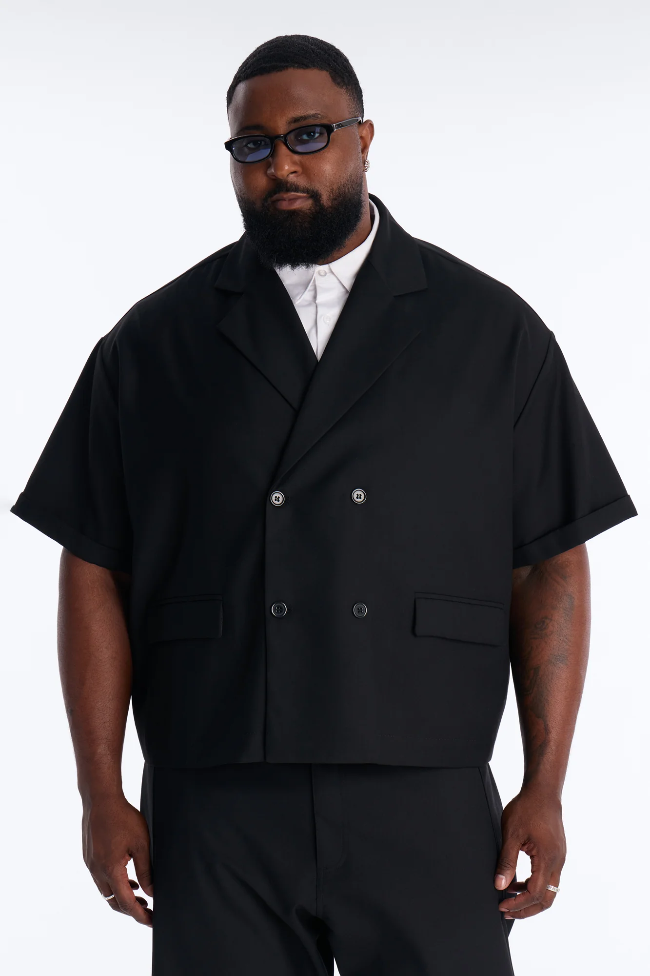 Boxy Cropped Icon Quad Button Shirt Blazer - Black - Image 5