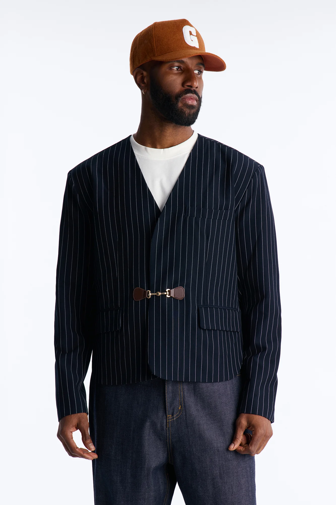 Boxy Cropped Pin Striped Cut Out Blazer - Blue