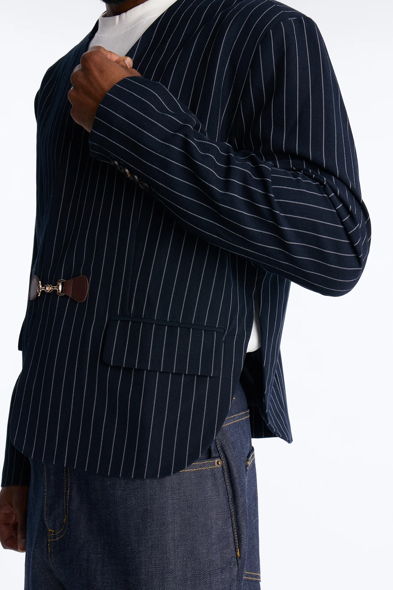 Boxy Cropped Pin Striped Cut Out Blazer - Blue - Image 3