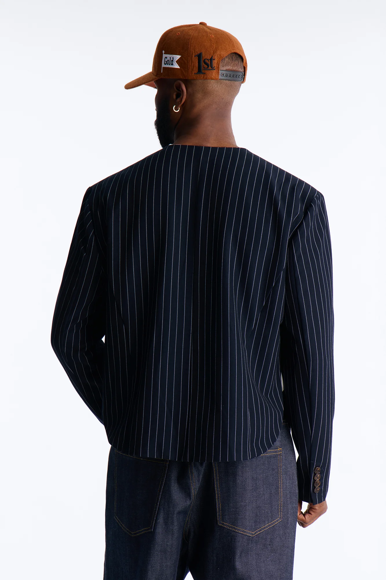 Boxy Cropped Pin Striped Cut Out Blazer - Blue - Image 5