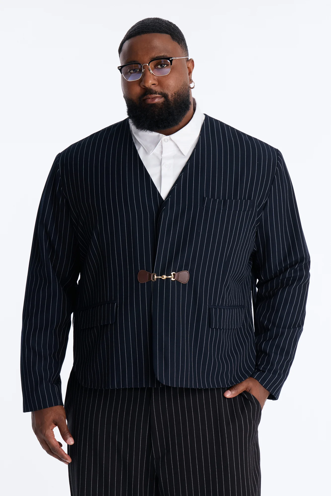 Boxy Cropped Pin Striped Cut Out Blazer - Blue - Image 6