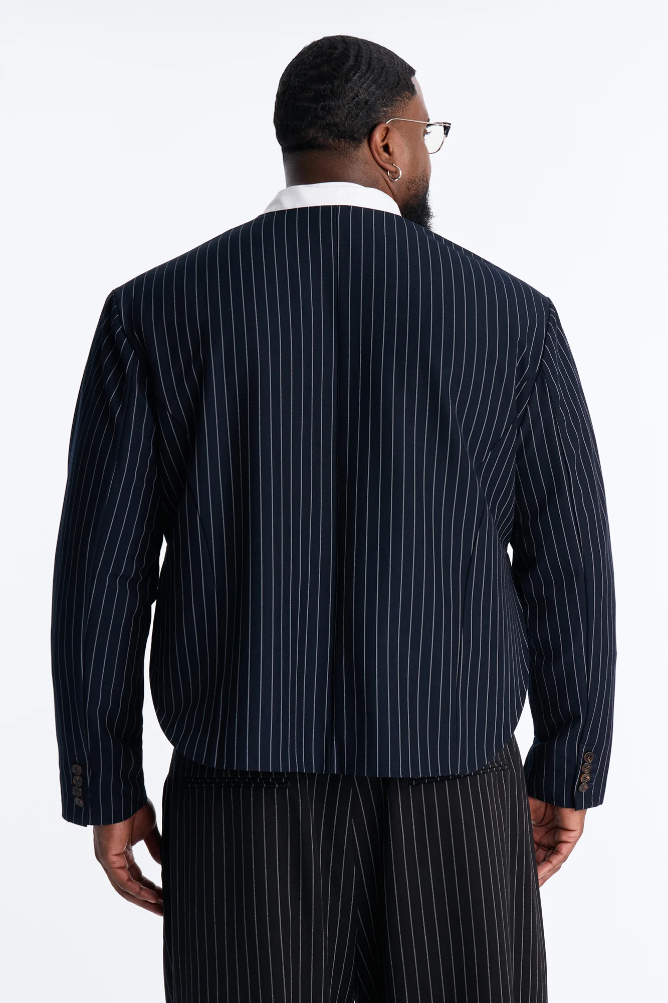 Boxy Cropped Pin Striped Cut Out Blazer - Blue - Image 9