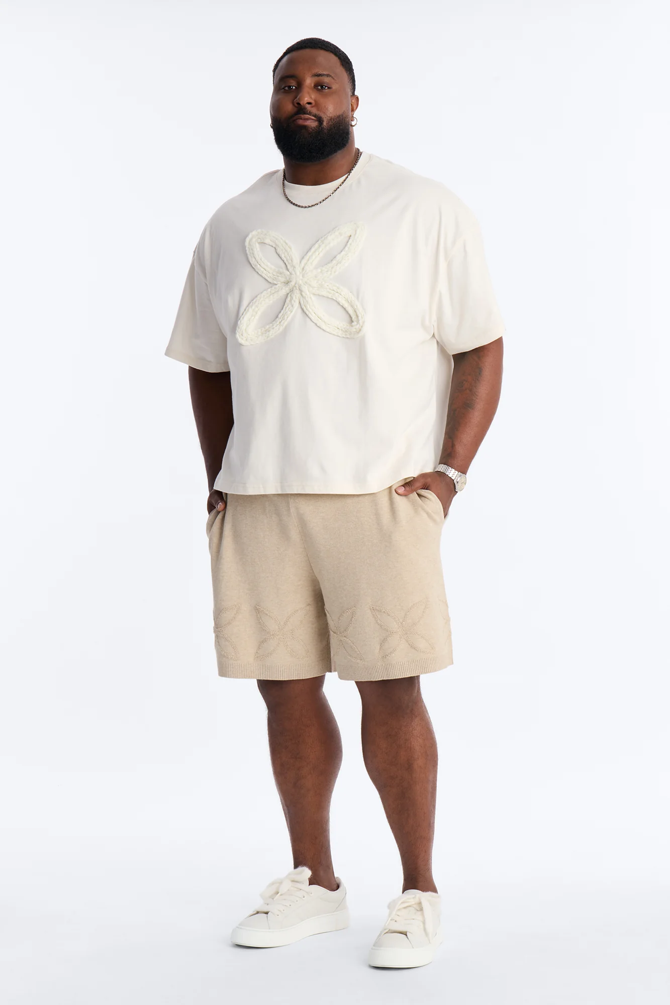 Boxy Cropped Premium Floral Crochet Applique Short Sleeve Tee - Cream - Image 6