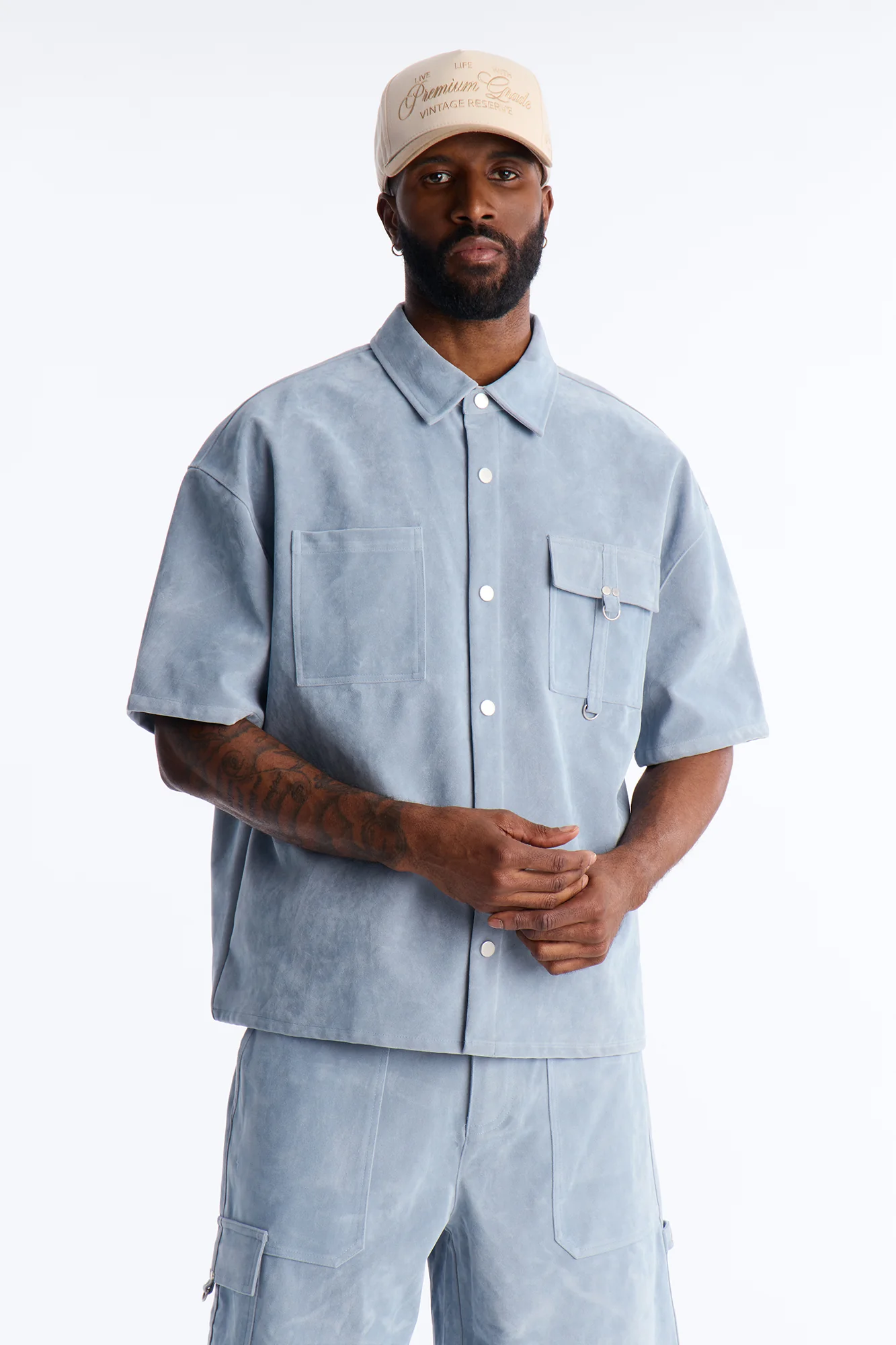 Boxy Cropped Ranch Faux Suede Utility Button Up Shirt - Light Blue