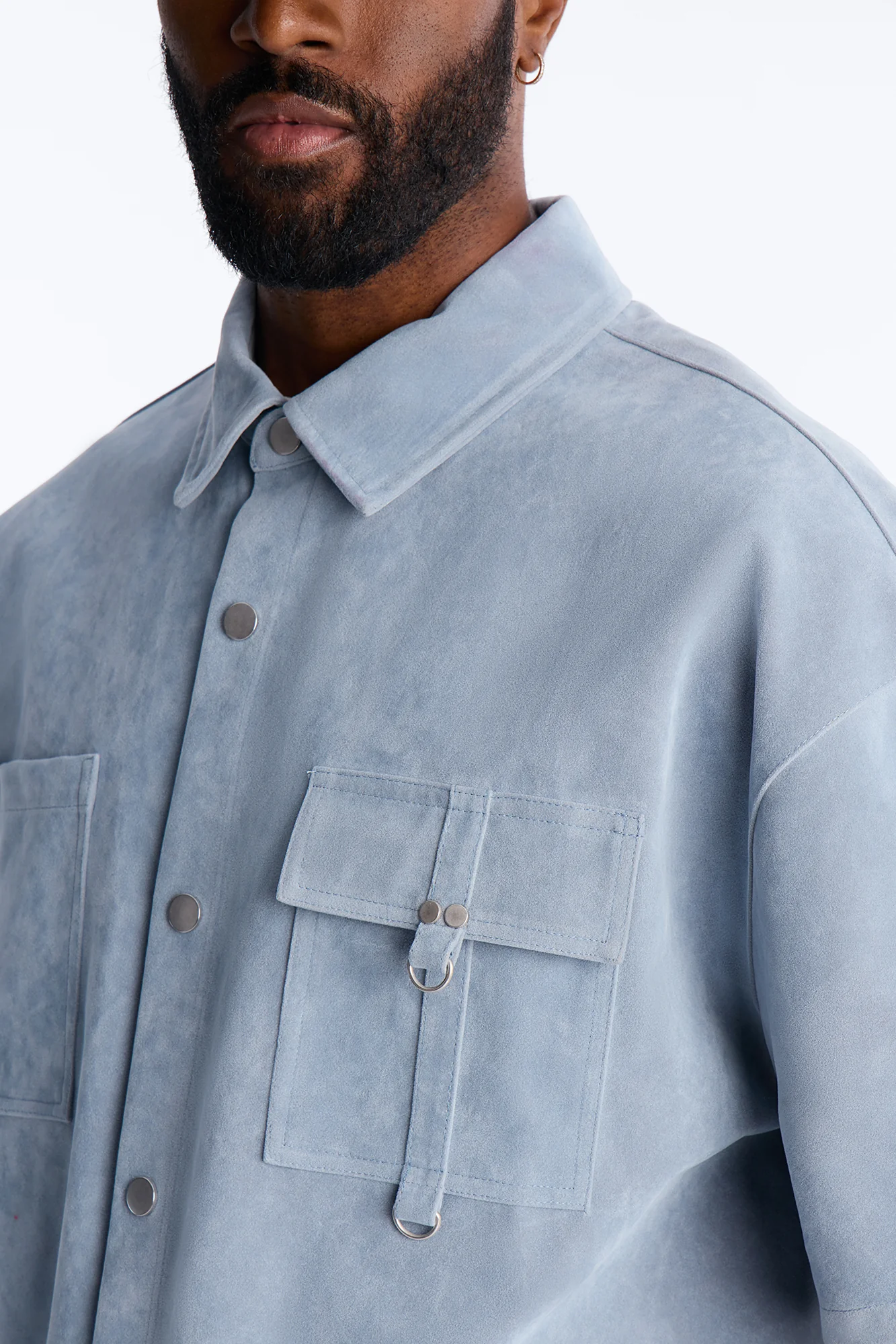 Boxy Cropped Ranch Faux Suede Utility Button Up Shirt - Light Blue - Image 3