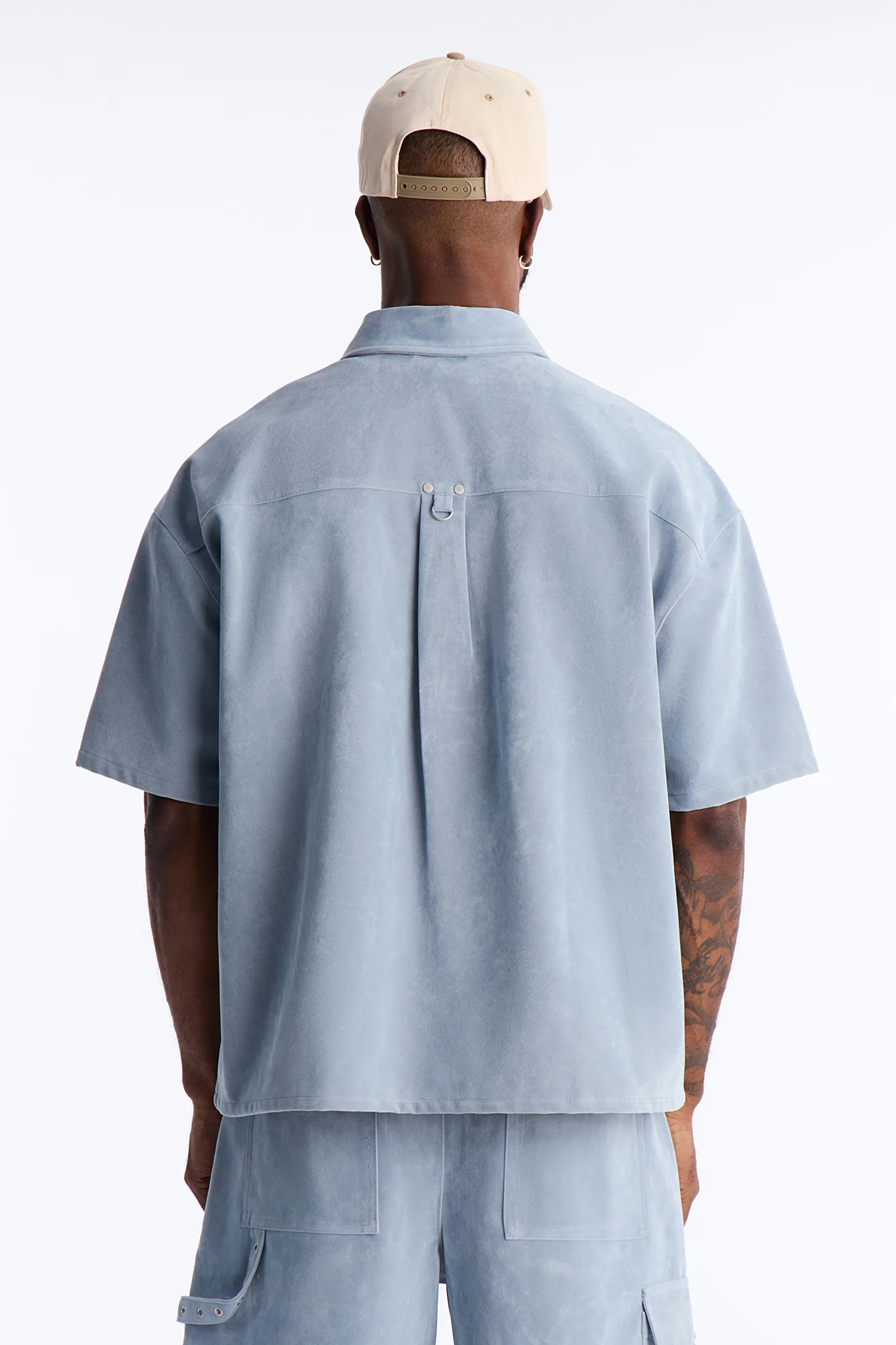 Boxy Cropped Ranch Faux Suede Utility Button Up Shirt - Light Blue - Image 4