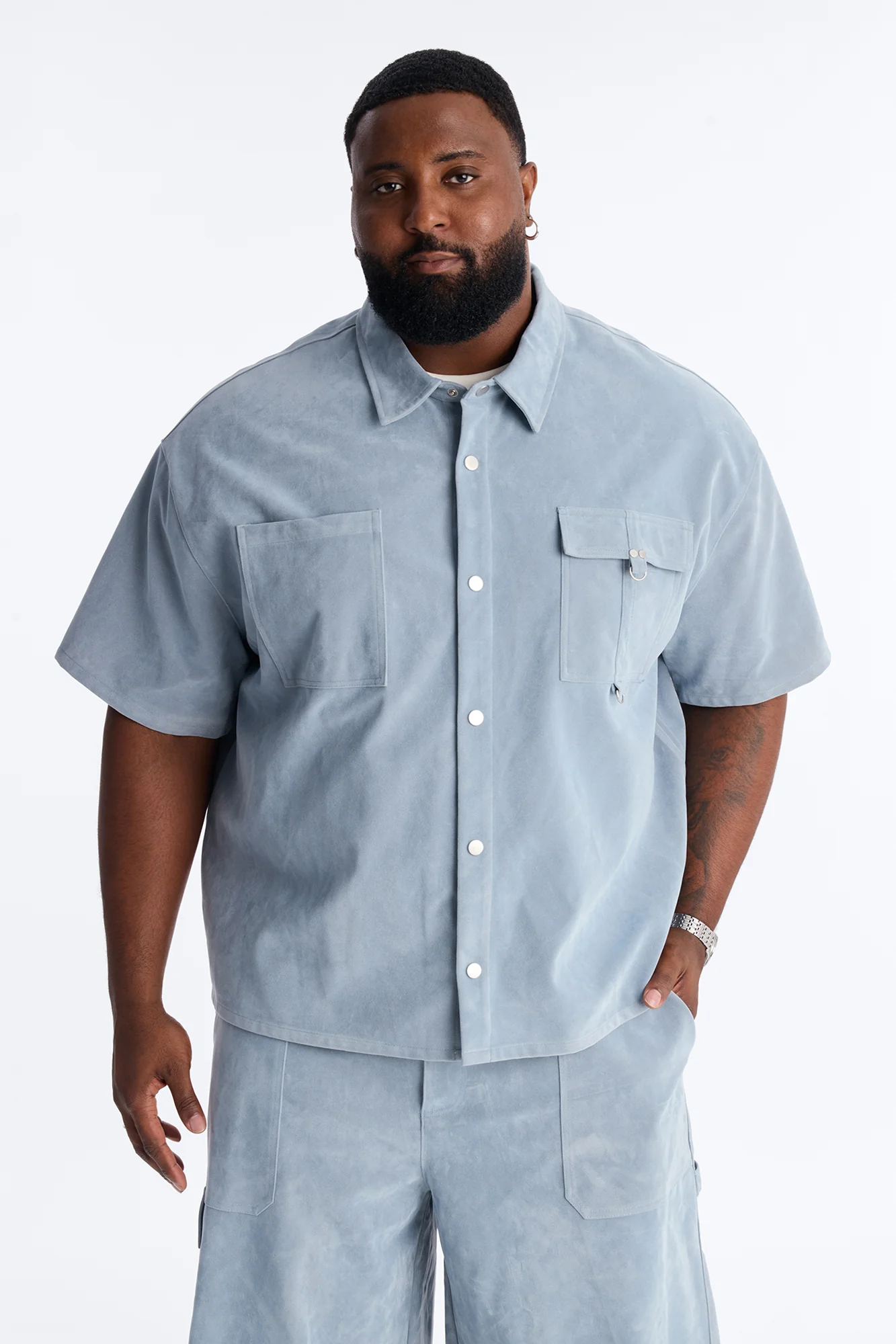 Boxy Cropped Ranch Faux Suede Utility Button Up Shirt - Light Blue - Image 5