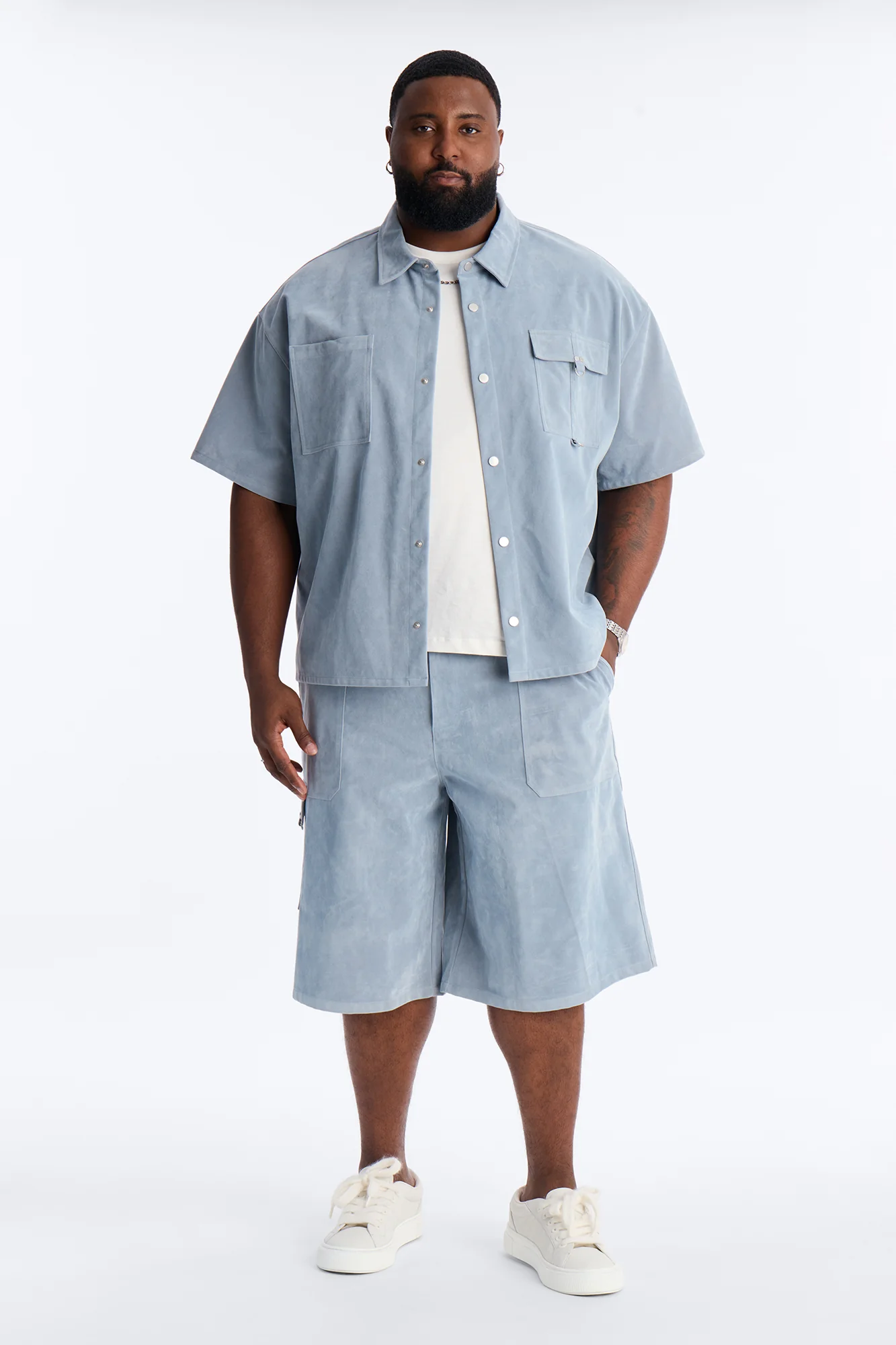 Boxy Cropped Ranch Faux Suede Utility Button Up Shirt - Light Blue - Image 6