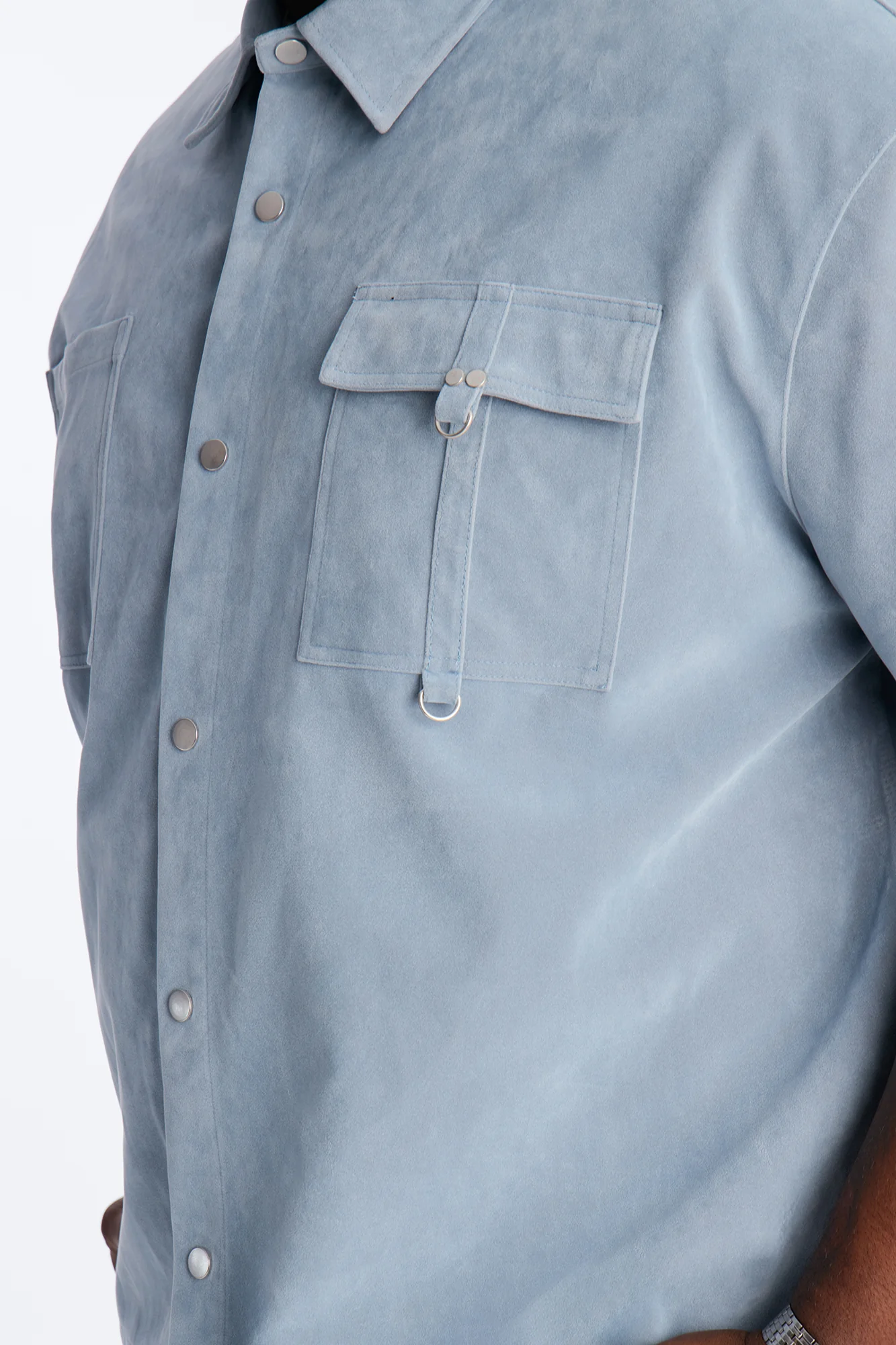 Boxy Cropped Ranch Faux Suede Utility Button Up Shirt - Light Blue - Image 7