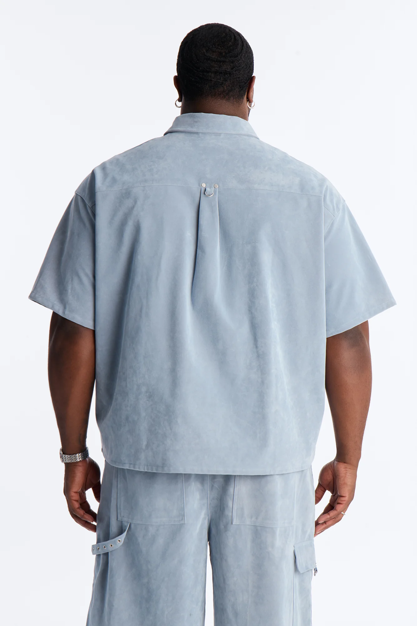 Boxy Cropped Ranch Faux Suede Utility Button Up Shirt - Light Blue - Image 8