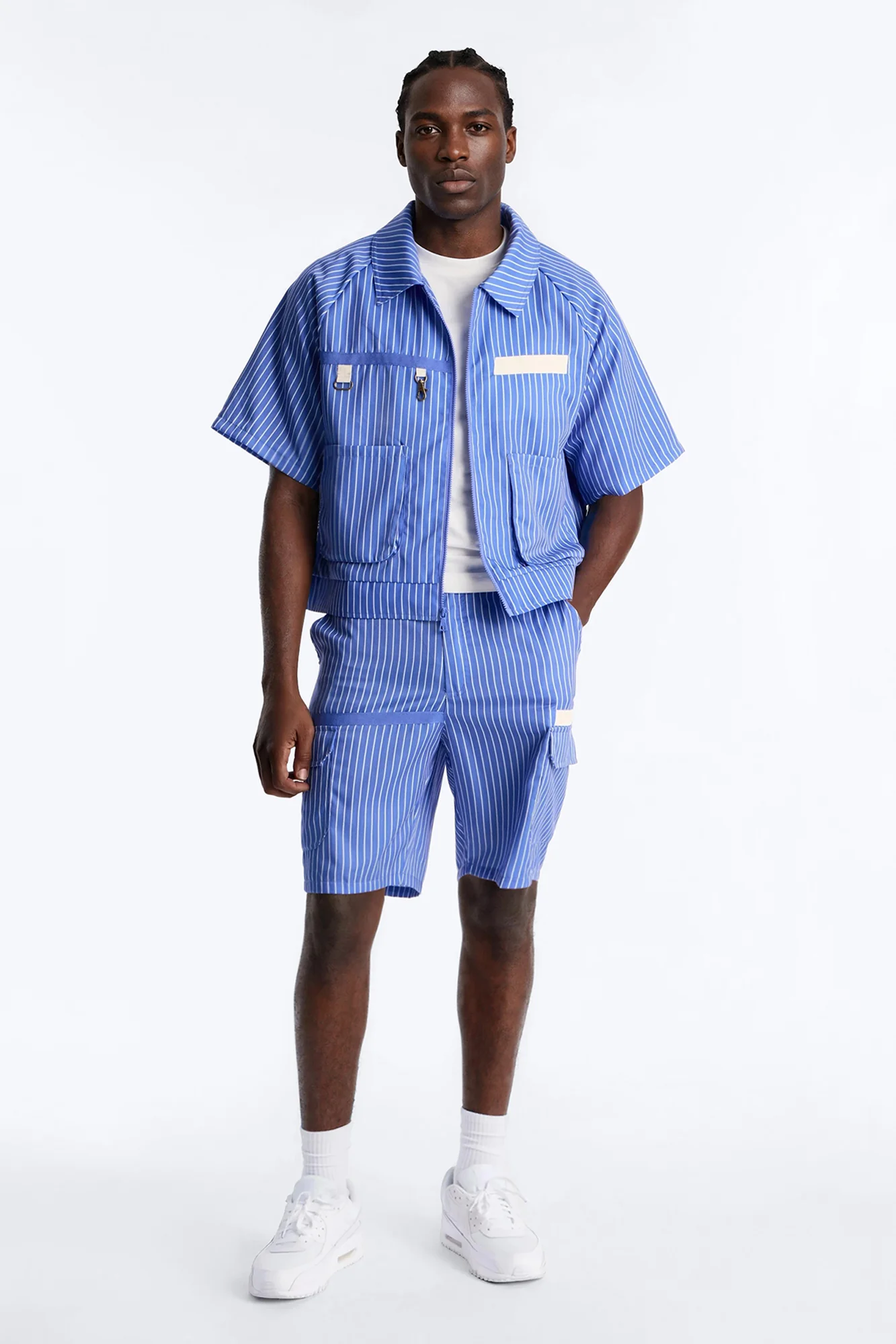 Boxy Cropped Desert Dunes Striped Button Up Shirt - Blue - Image 2