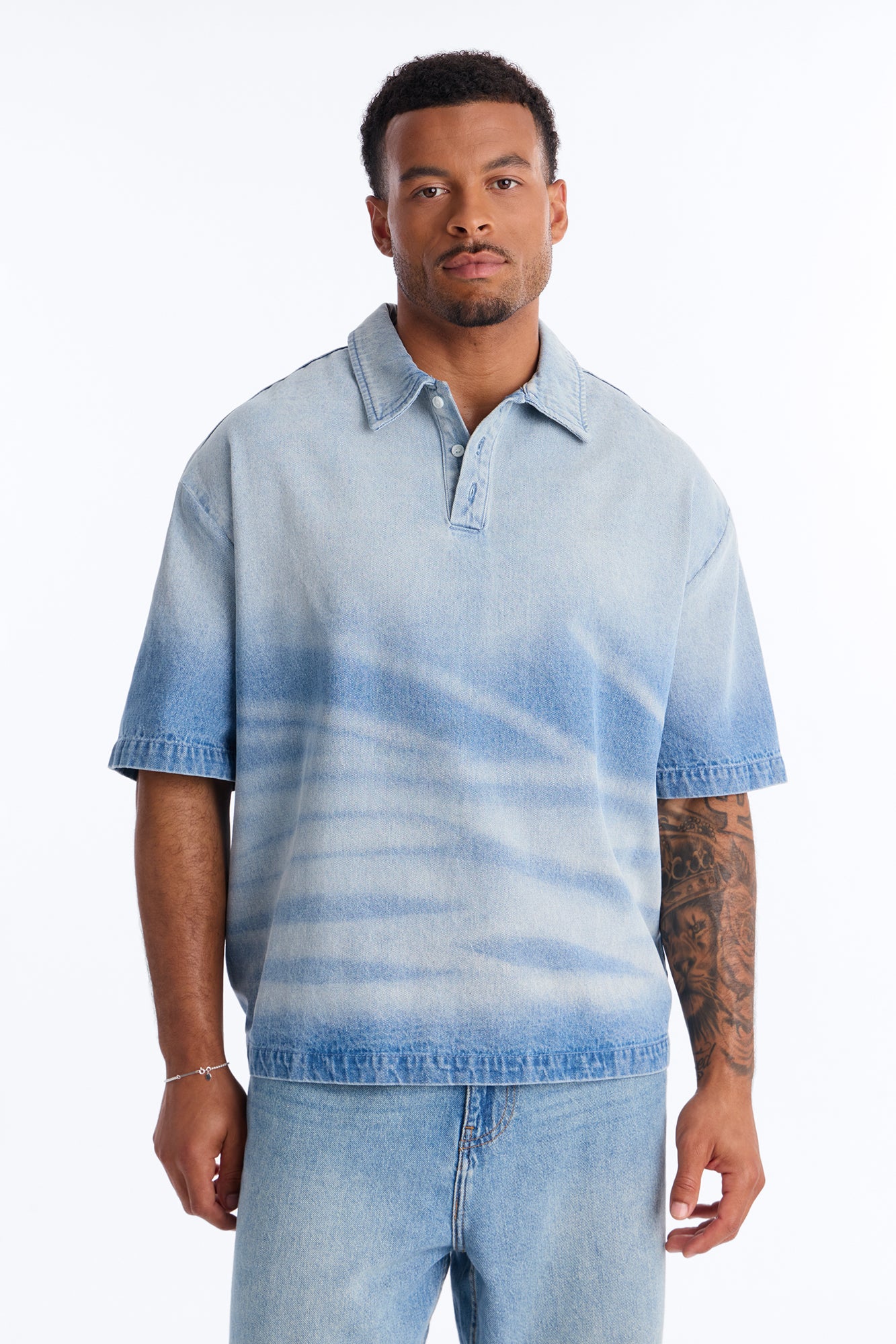 Boxy Faded Wave Denim Polo - Light Blue Wash