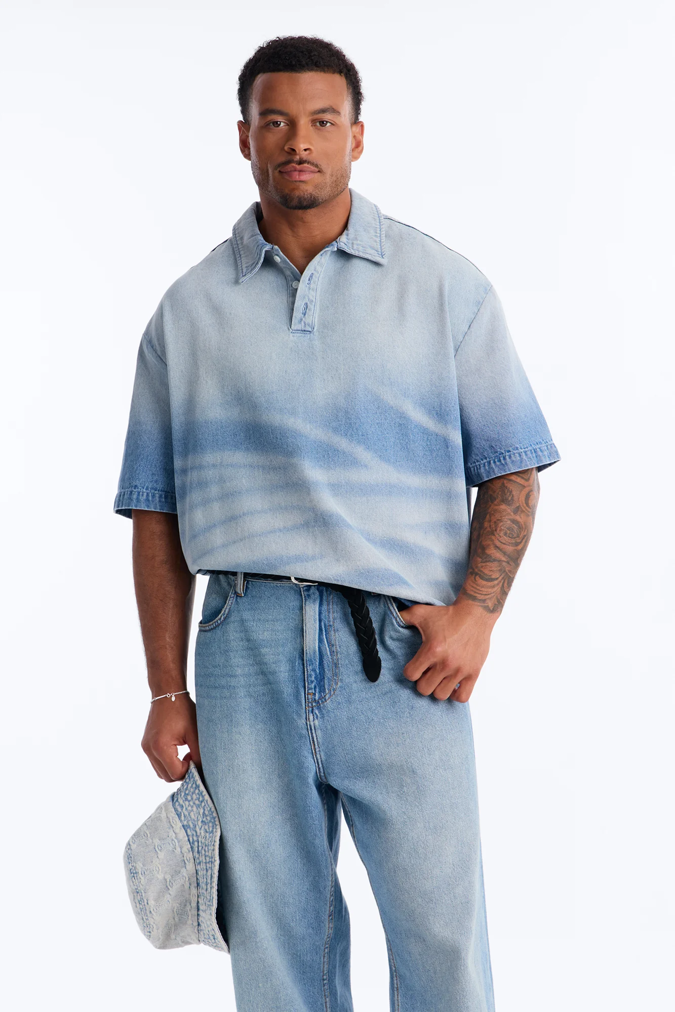 Boxy Faded Wave Denim Polo - Light Blue Wash - Image 4