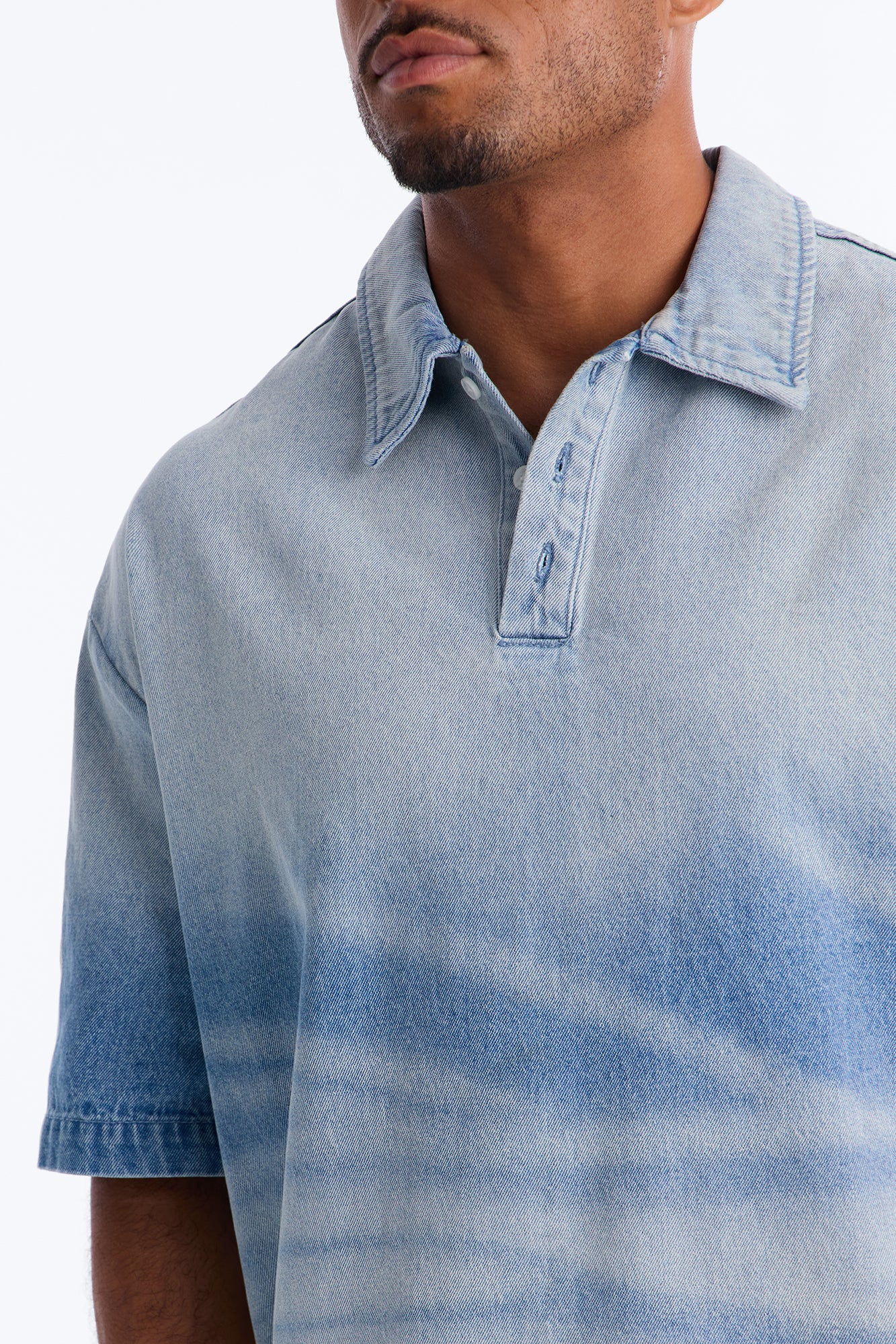 Boxy Faded Wave Denim Polo - Light Blue Wash - Image 5