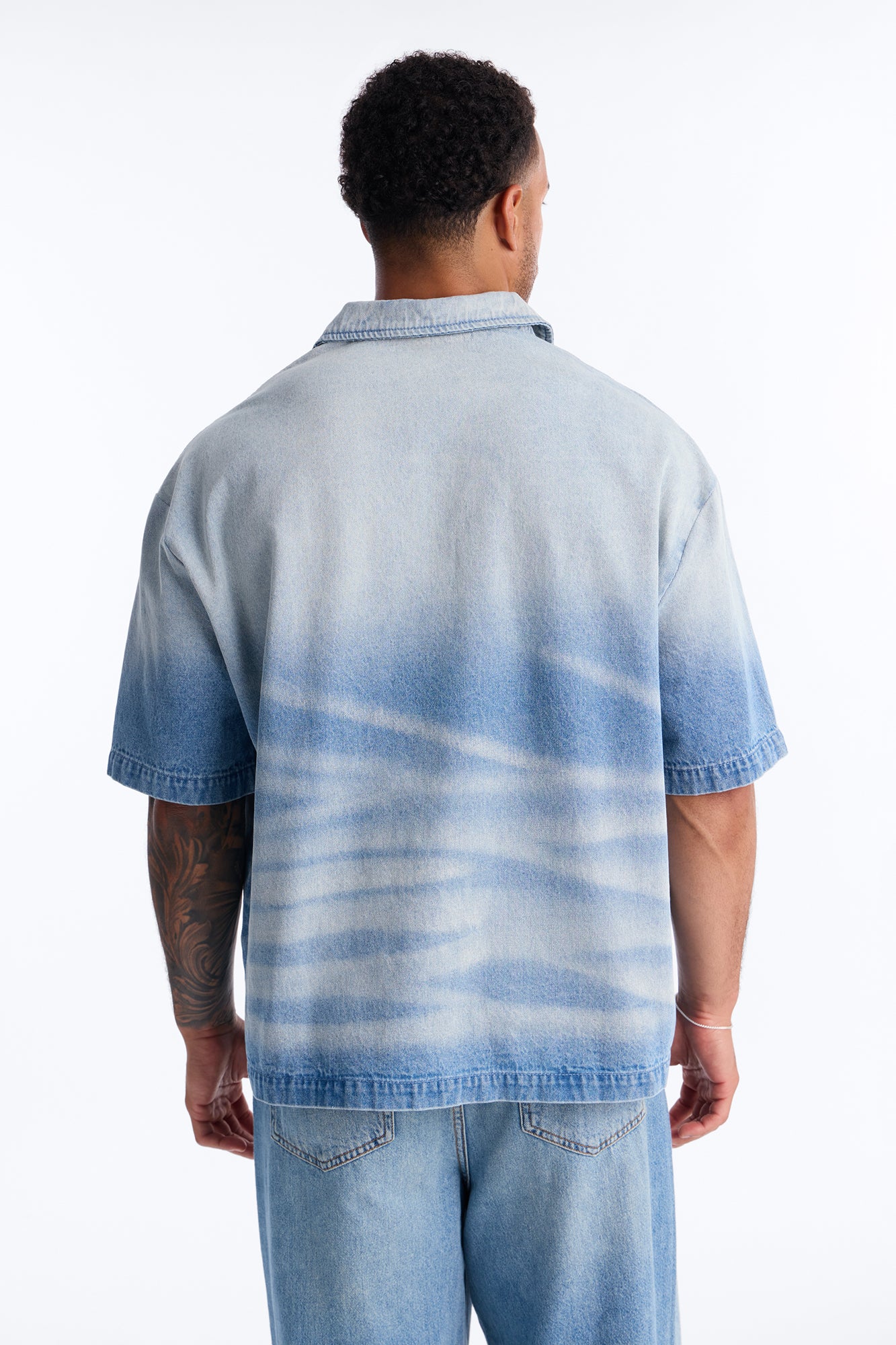 Boxy Faded Wave Denim Polo - Light Blue Wash - Image 6