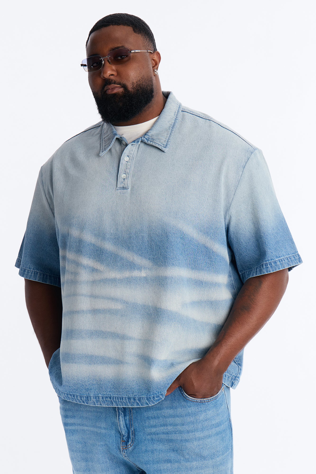 Boxy Faded Wave Denim Polo - Light Blue Wash - Image 7