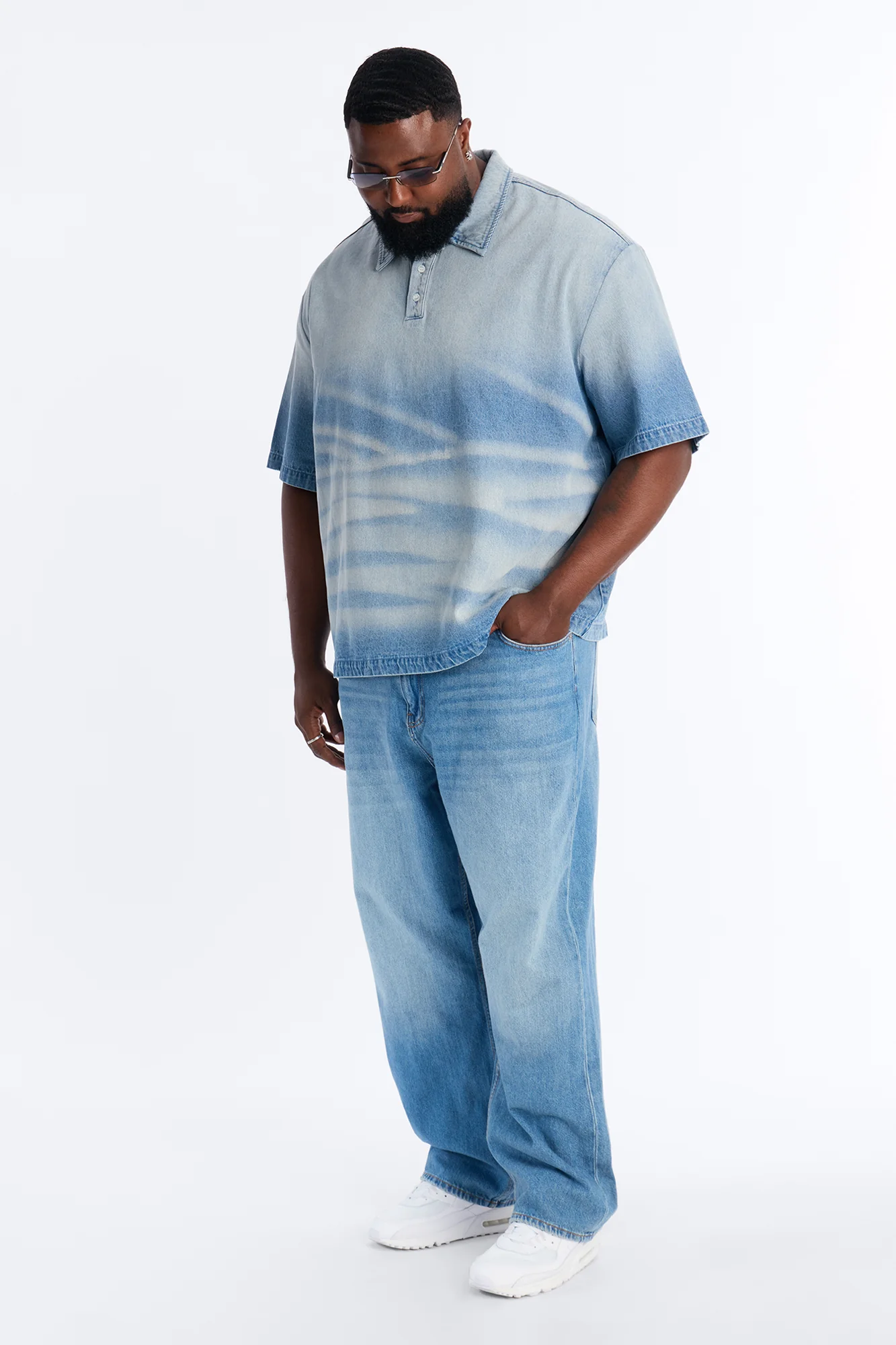 Boxy Faded Wave Denim Polo - Light Blue Wash - Image 8