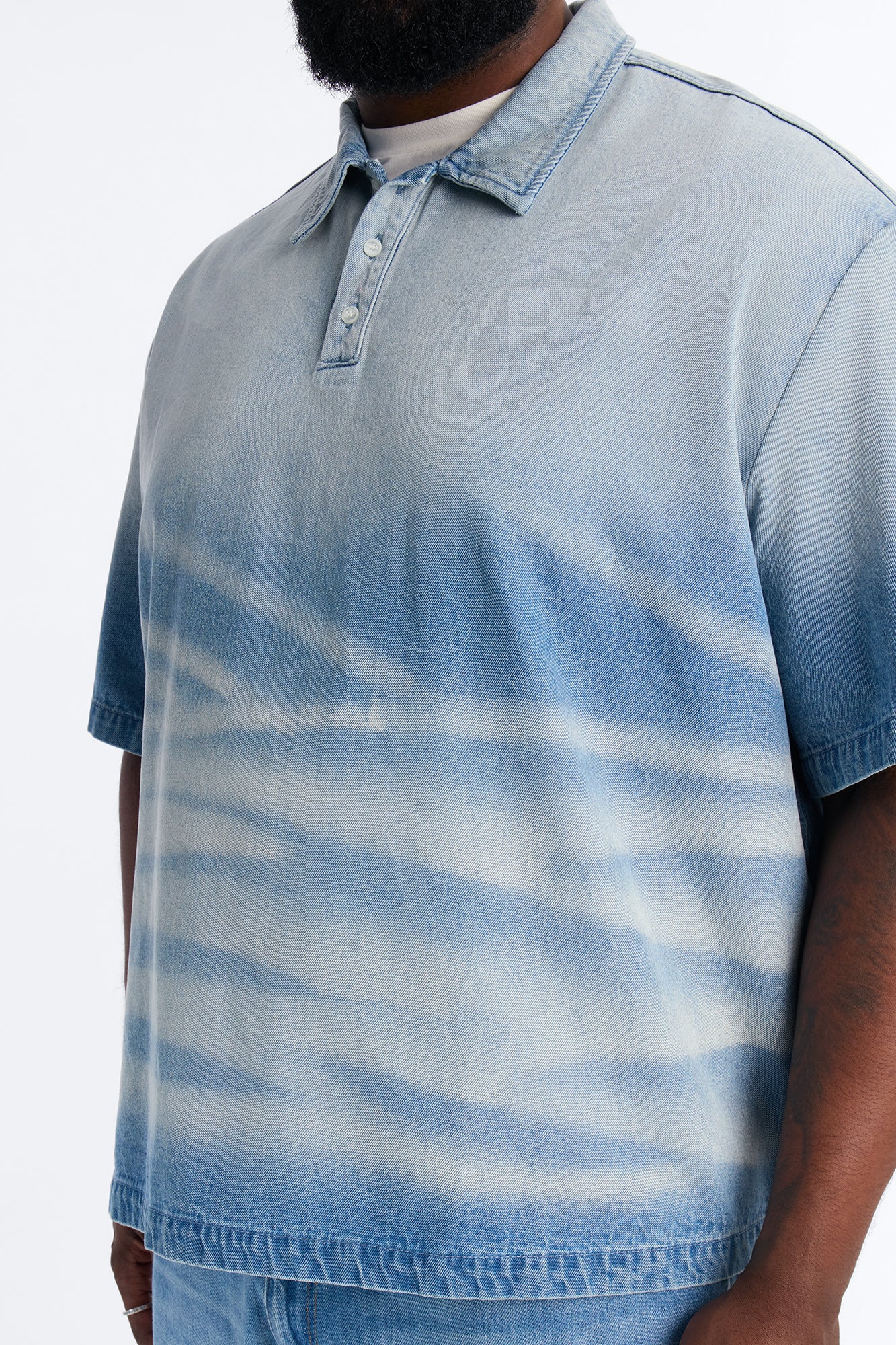 Boxy Faded Wave Denim Polo - Light Blue Wash - Image 9