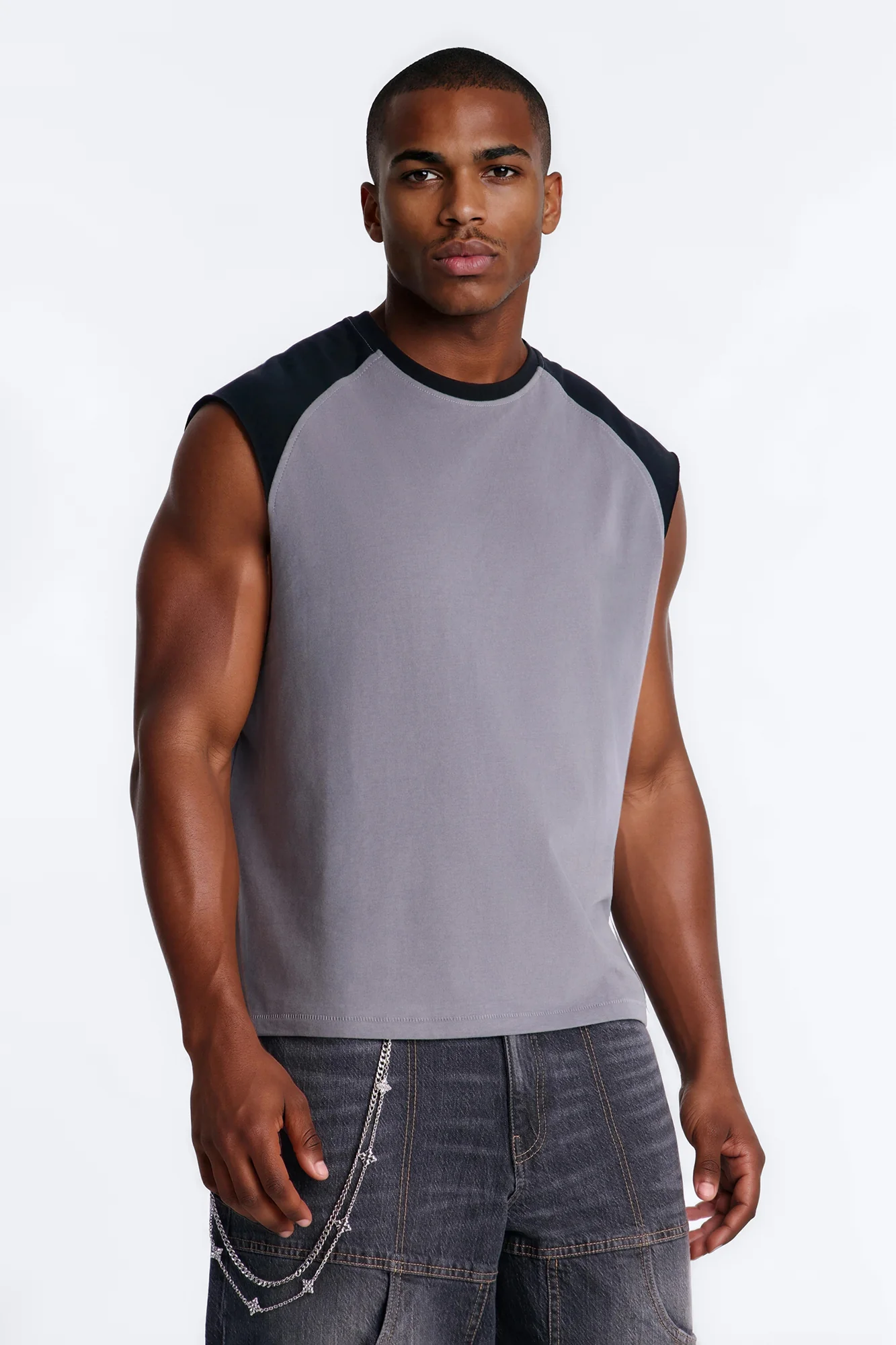 Boxy Raglan Muscle Tee - Grey/Black