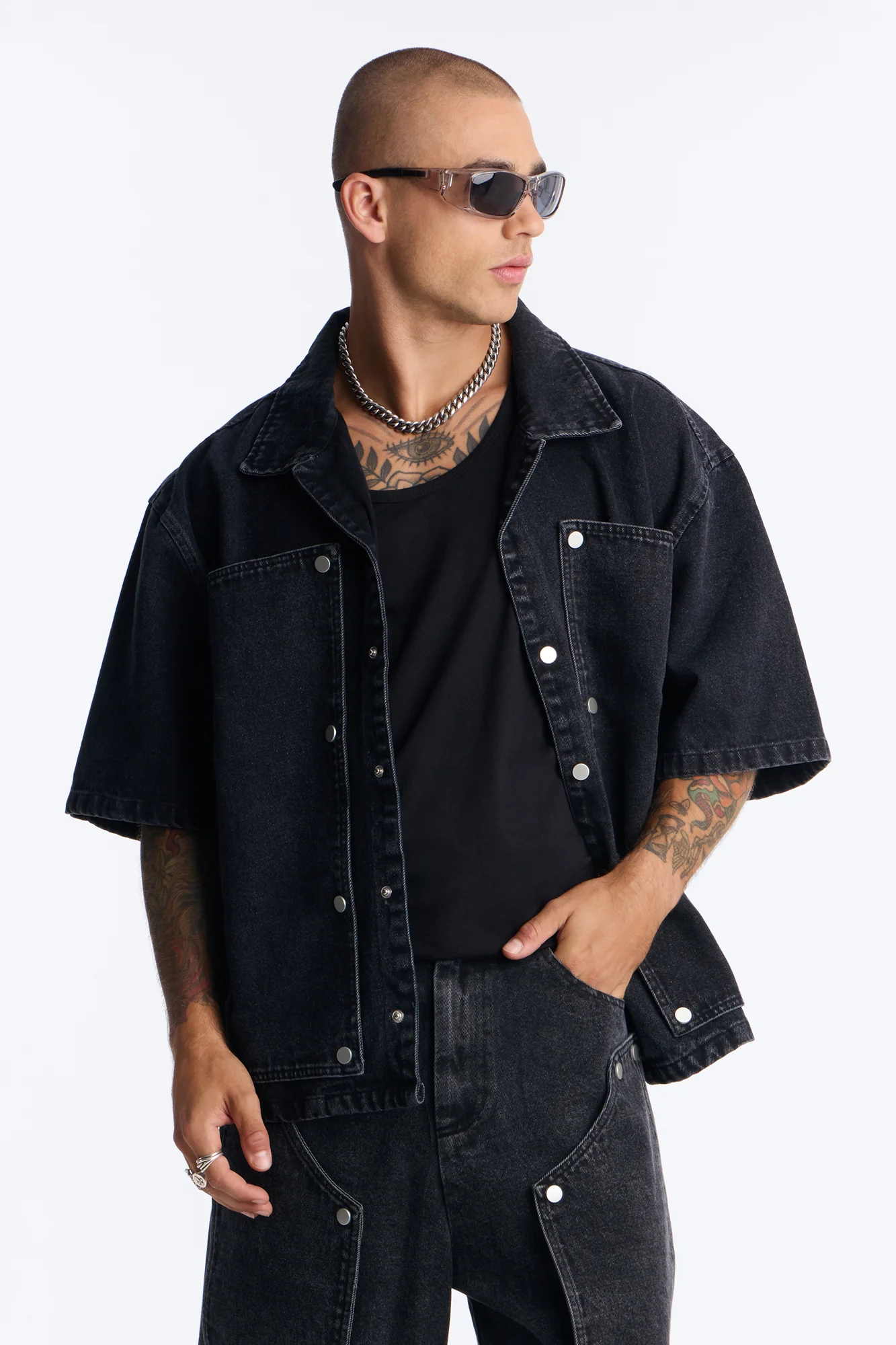 Boxy Utility Snap Panel Button Up Shirt - Black Wash