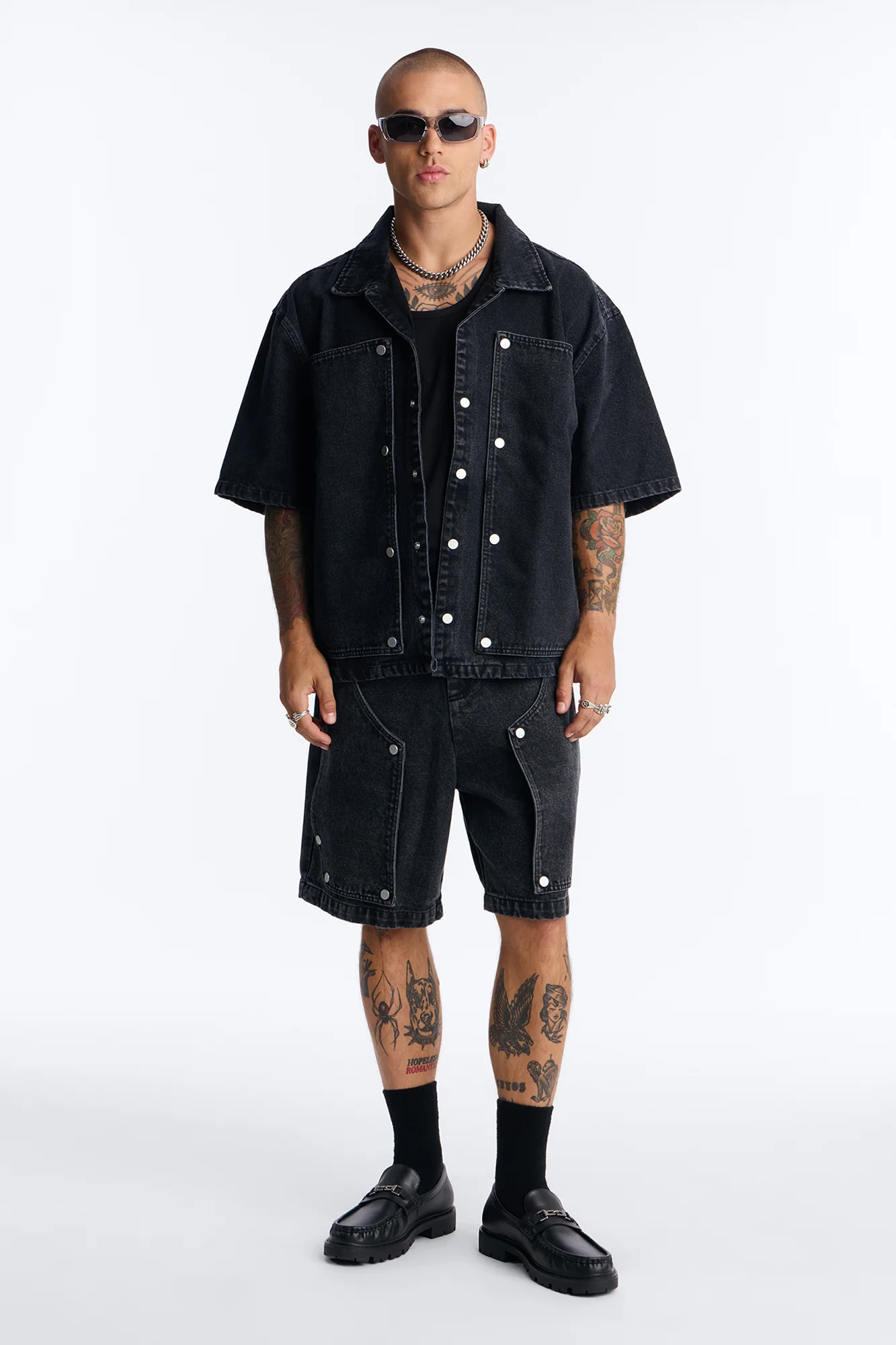 Boxy Utility Snap Panel Button Up Shirt - Black Wash - Image 2