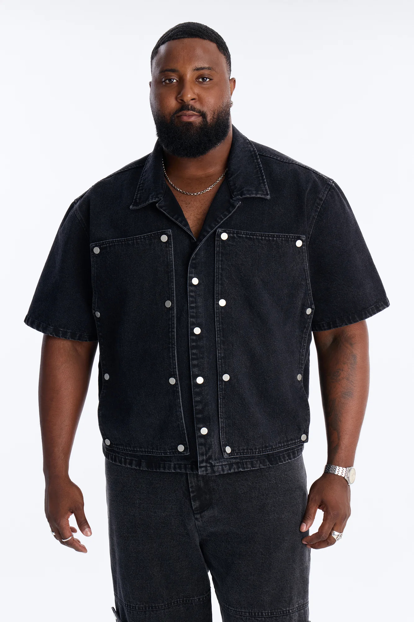 Boxy Utility Snap Panel Button Up Shirt - Black Wash - Image 5